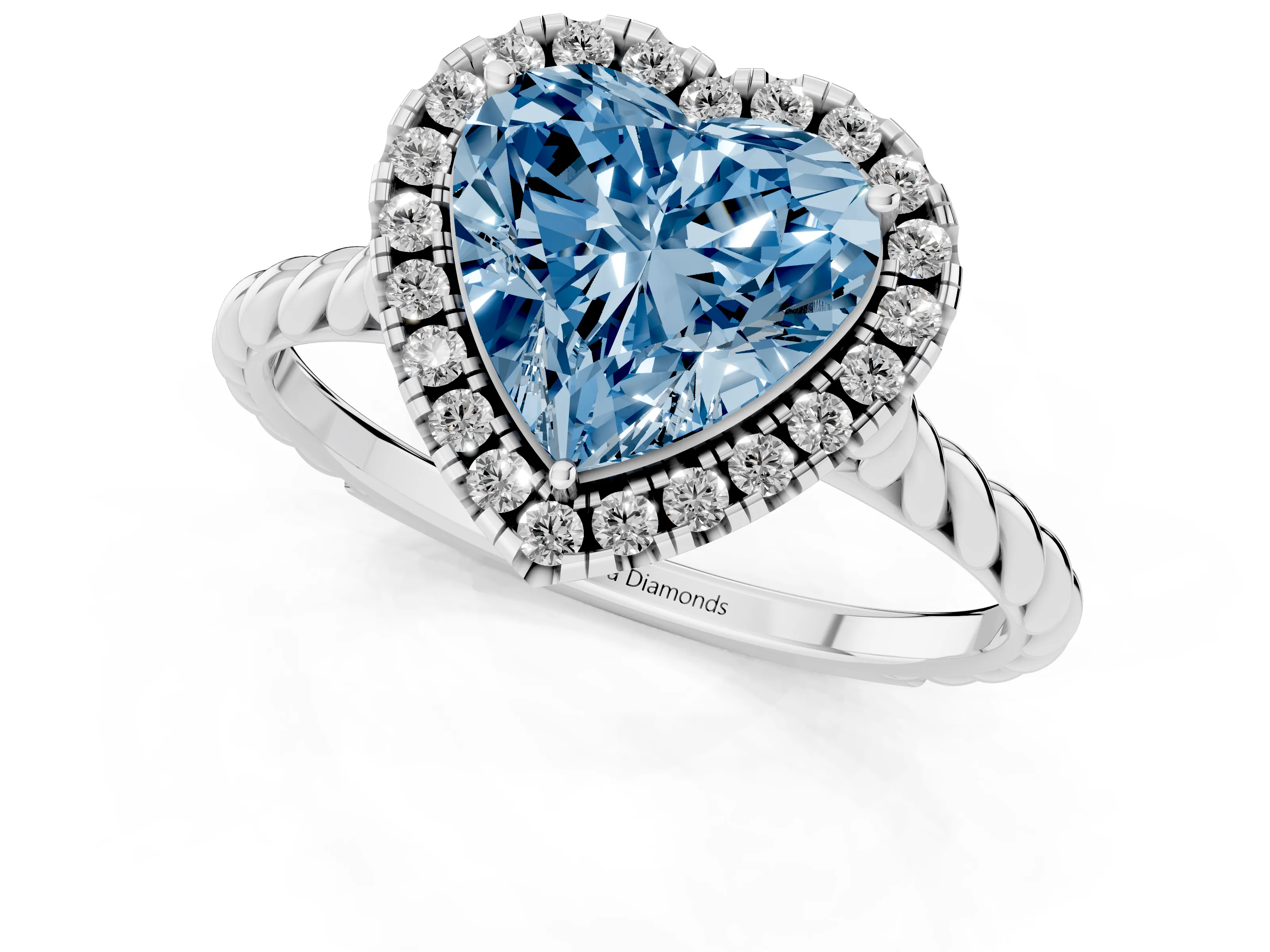 Fancy Blue Heart Cut Diamond Halo Ring Set in Silver with Plain Twisted Band