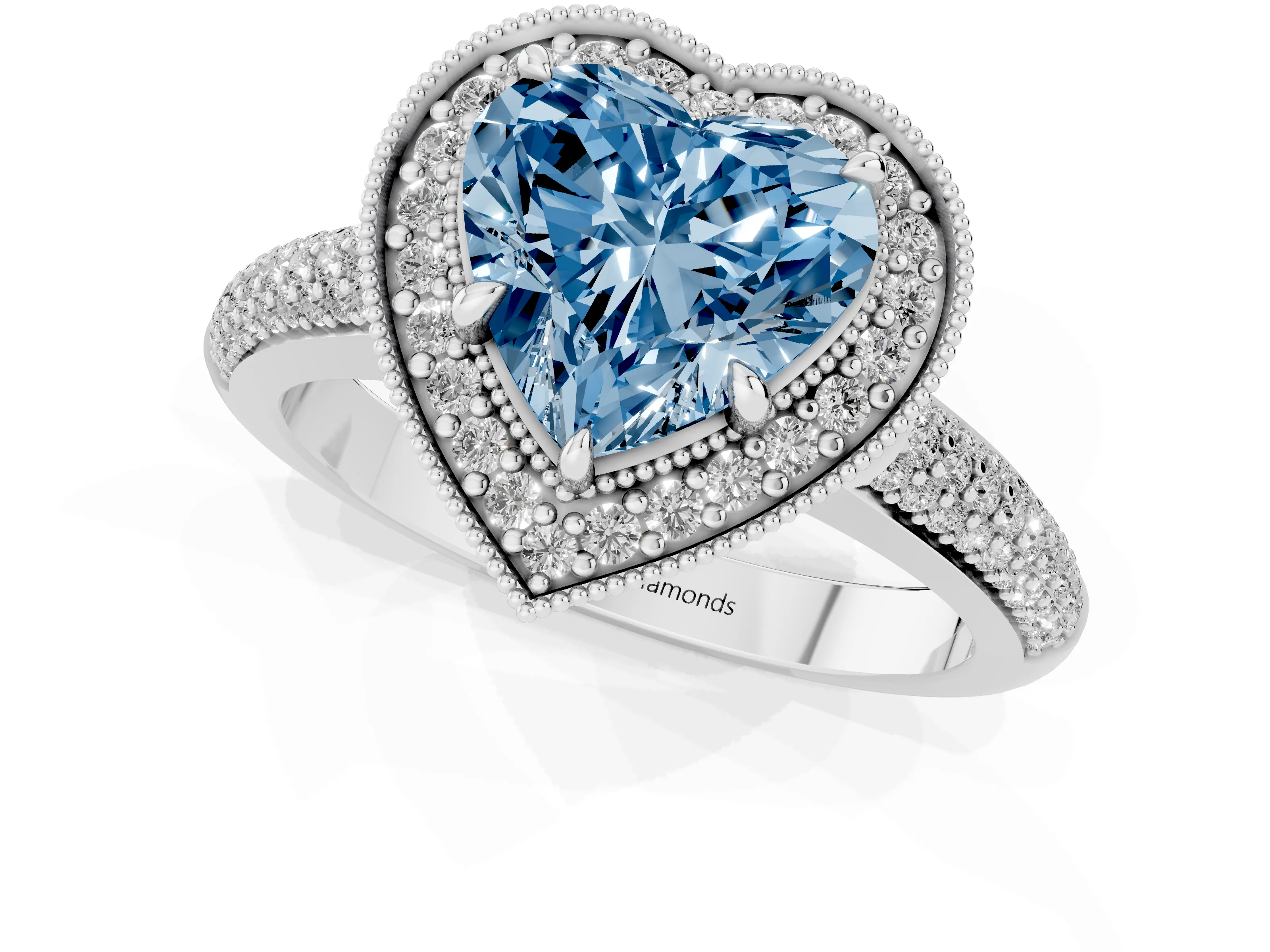 Fancy Blue Heart Cut Diamond Halo Pavé Band Set in Silver with Prong Setting