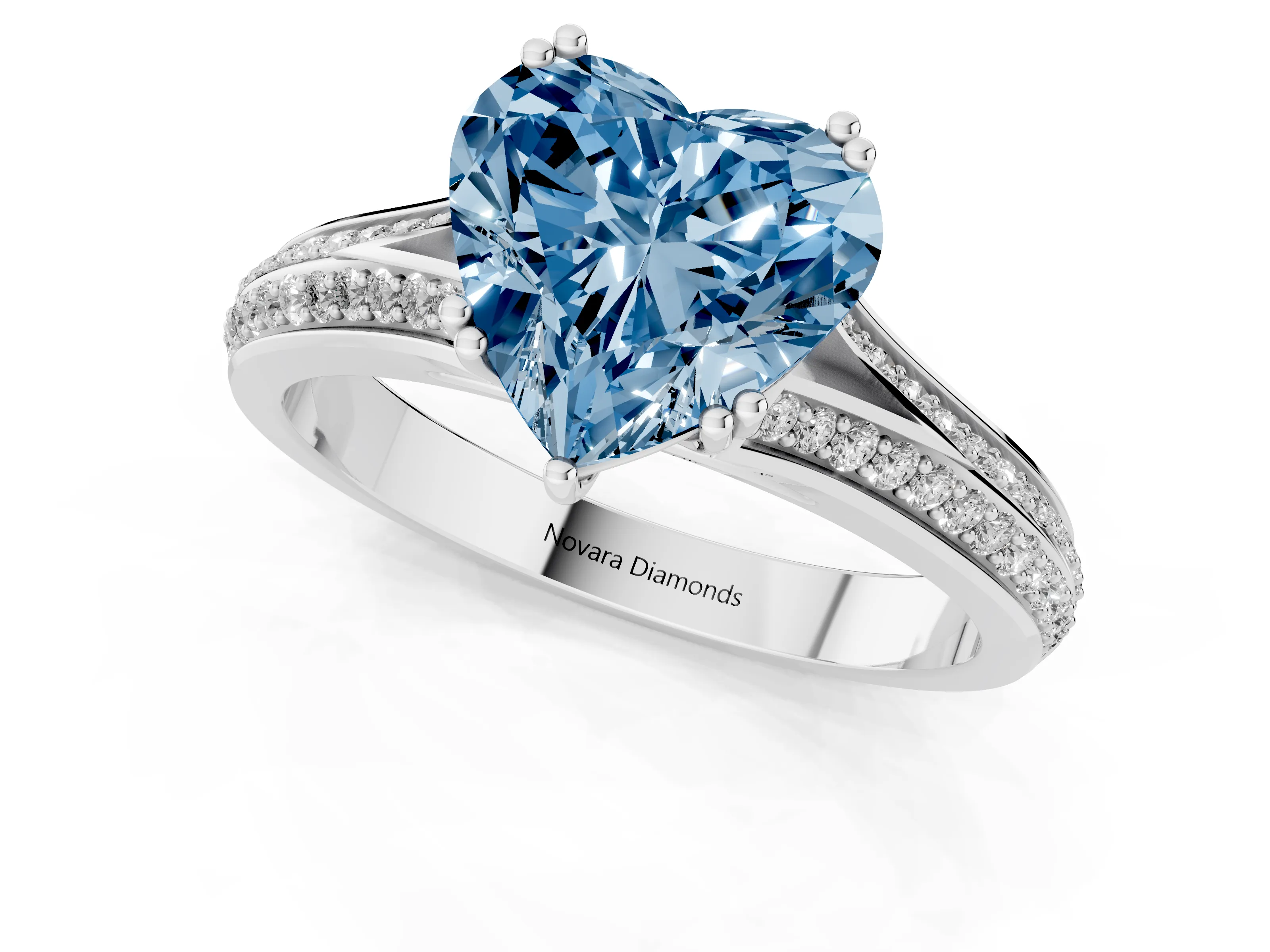 Fancy Blue Heart Cut Diamond Split Shank Pavé Engagement Ring Set in White gold with Prong-Set Center Stone