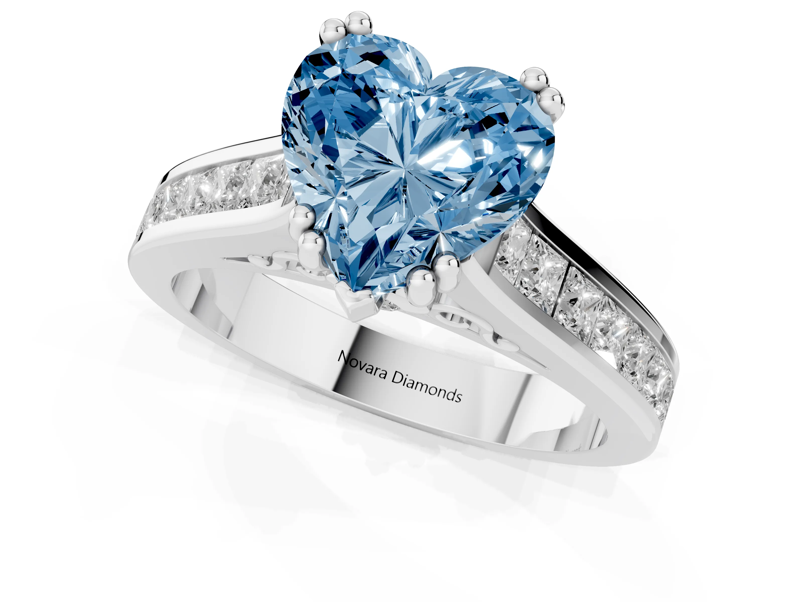 Fancy Blue Heart Cut Diamond Channel Set Solitaire Engagement Ring Set in Platinum with Prong Setting – second view