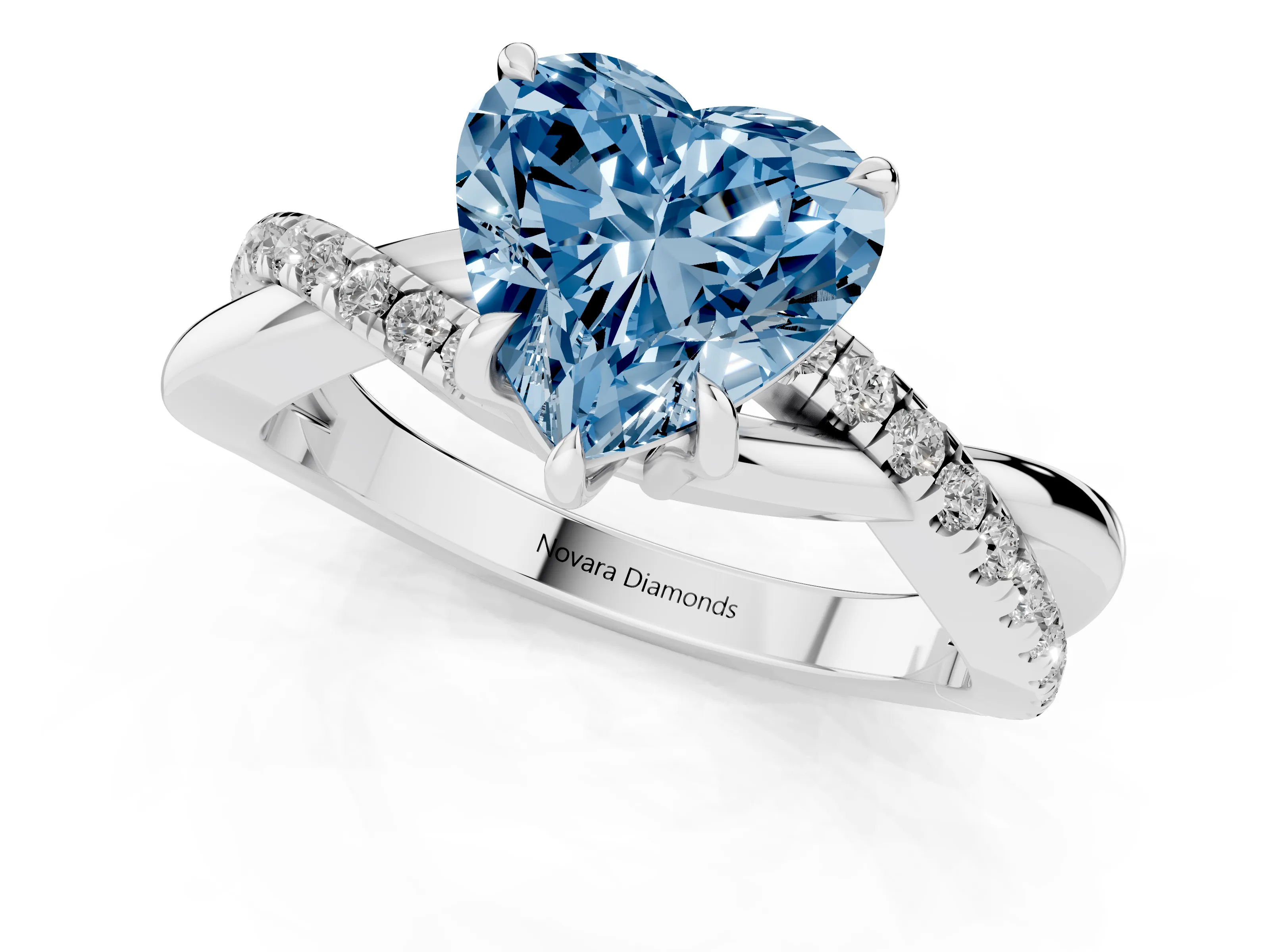Fancy Blue Heart Cut Diamond Twisted Pavé Band Ring Set in Silver with Prong Setting
