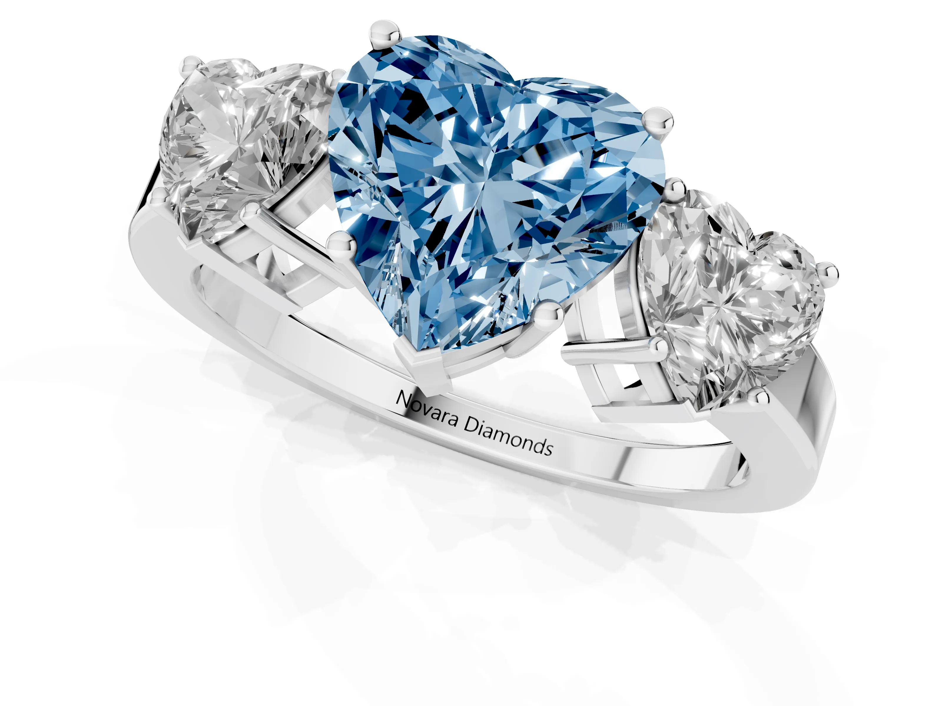 Fancy Blue Heart Cut Diamond Three-Stone Engagement Ring Set in Silver with Flat Band