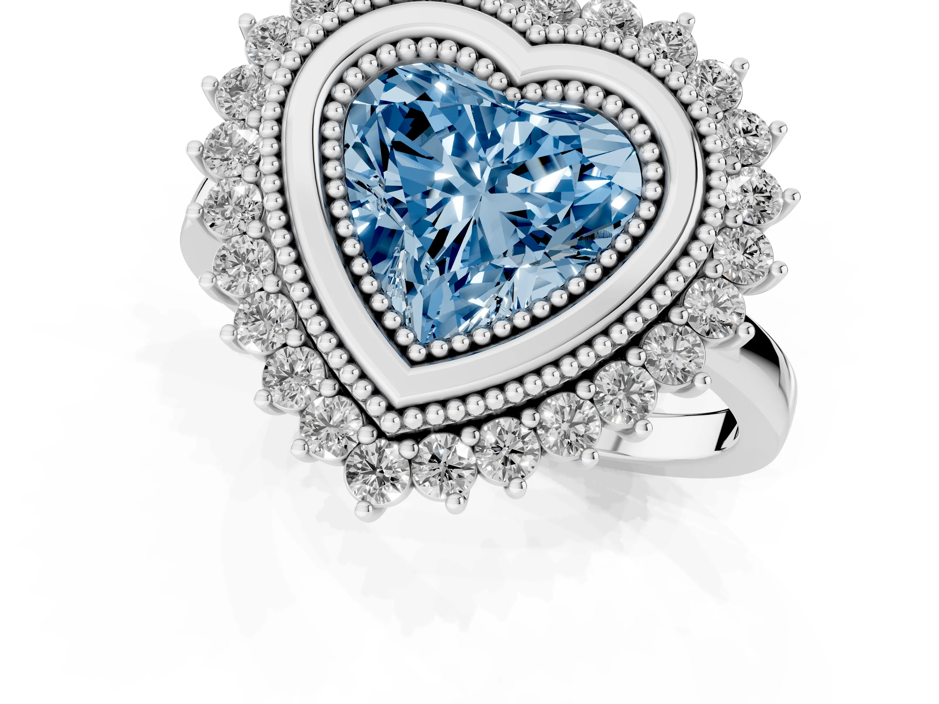 Fancy Blue Heart Cut Diamond Halo Ring Set in Platinum with Milgrain Edge and Round Prong Setting