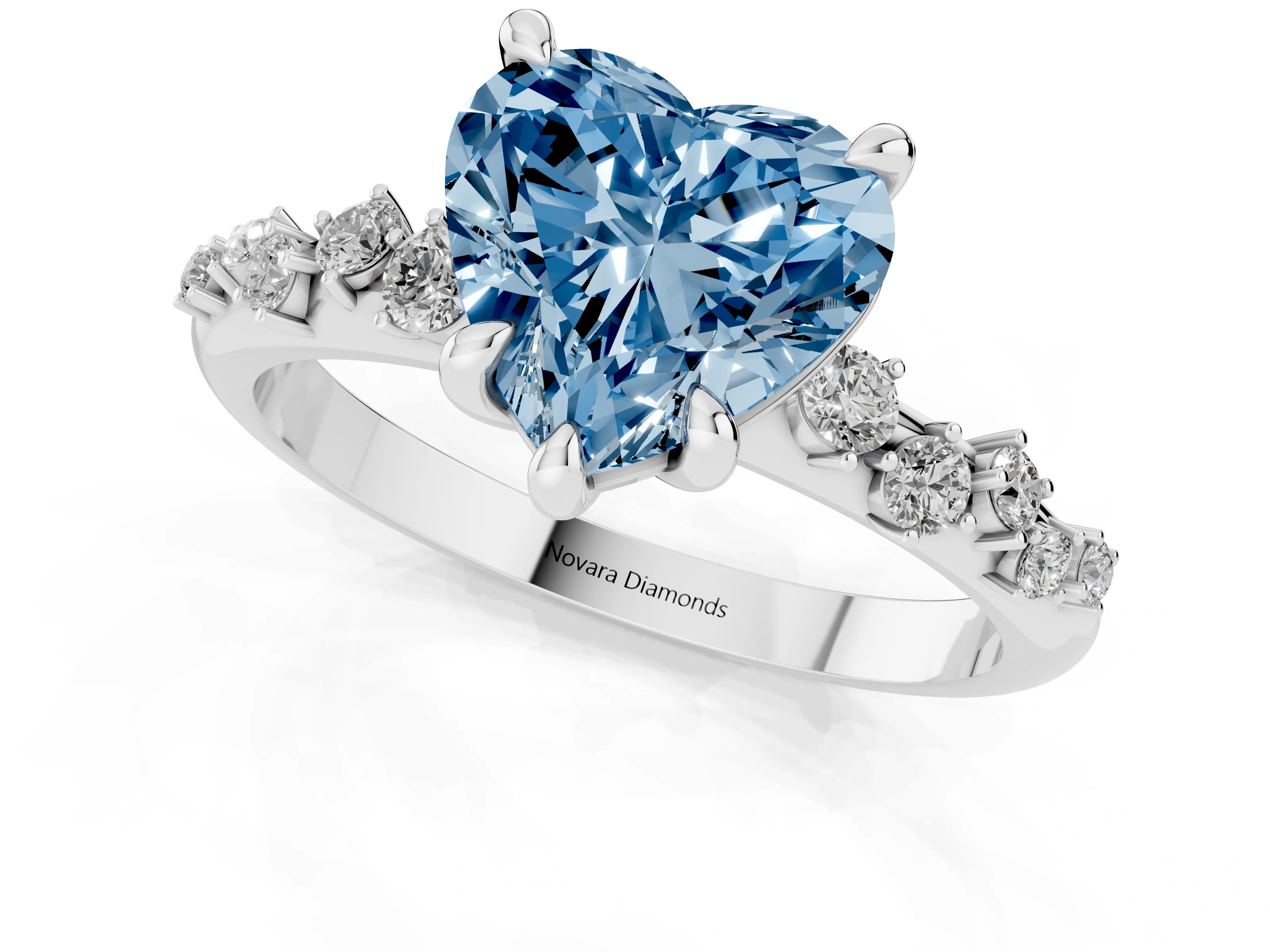 Fancy Blue Heart Cut Diamond Solitaire Vine Band Ring Set in Platinum with Round Accents and Prong Setting