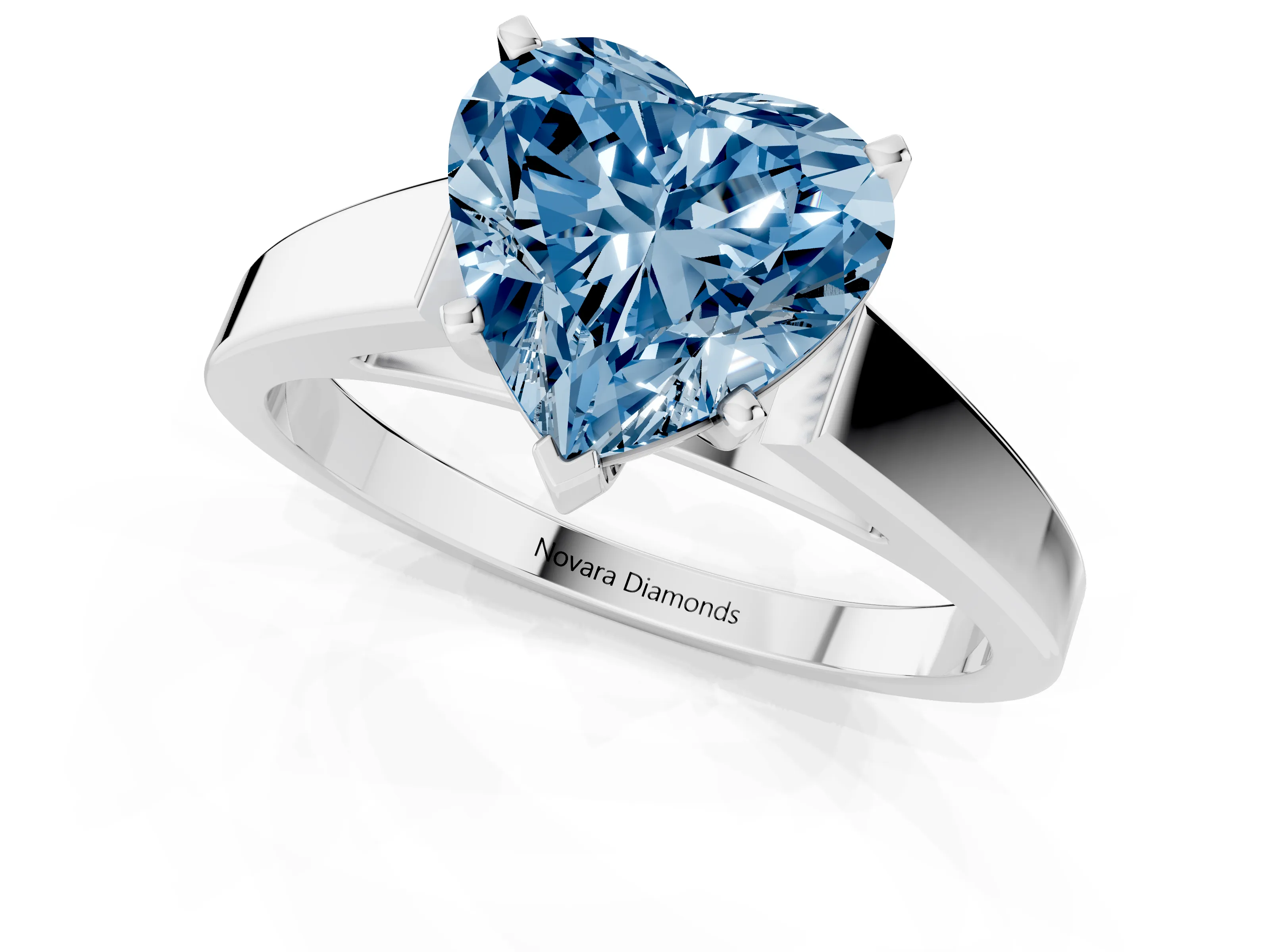 Fancy Blue Heart Cut Diamond Solitaire Engagement Ring Set in White gold with Prong Setting and Tapered Band