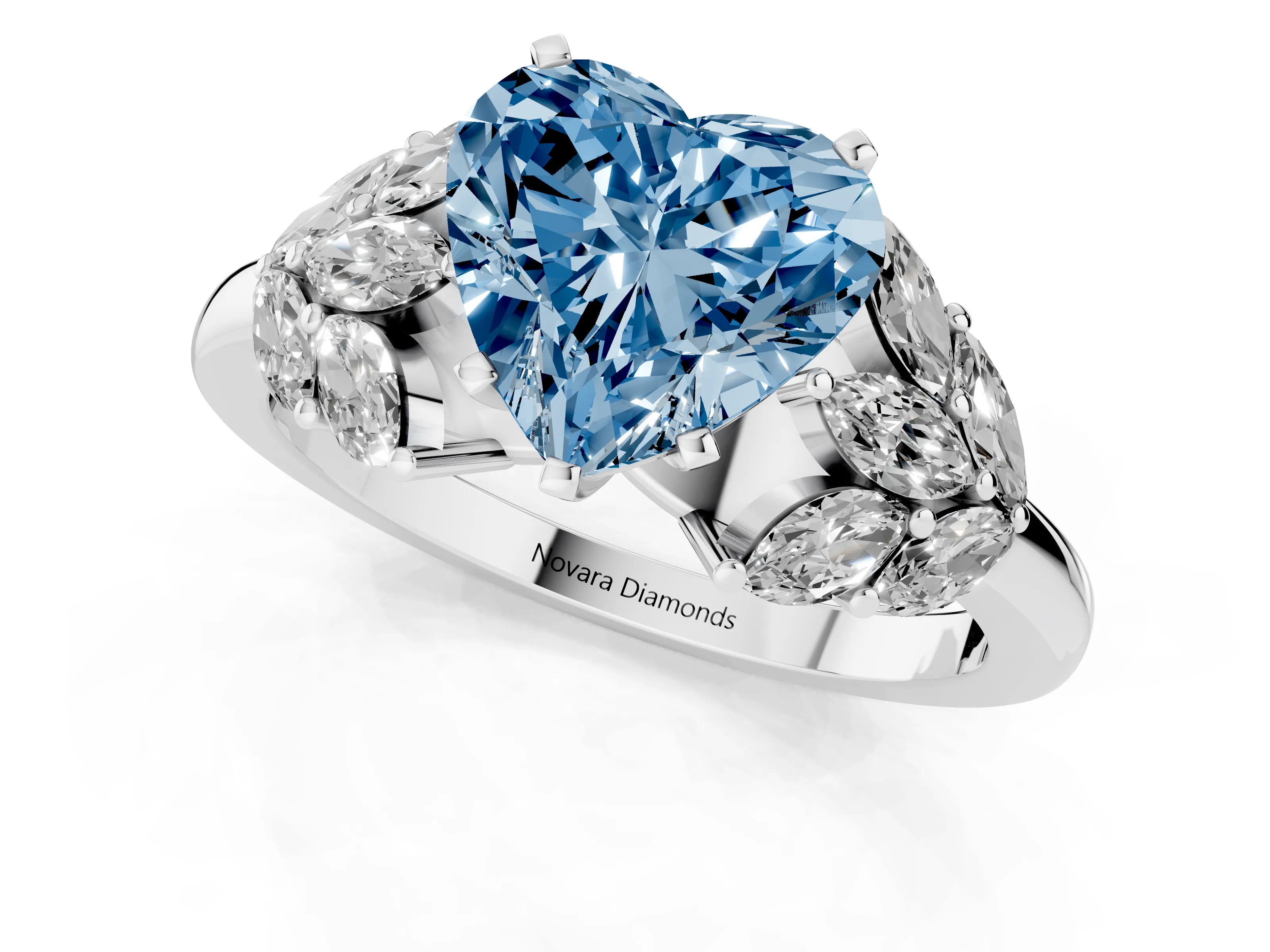 Fancy Blue Heart Cut Diamond Cluster Leaf Design Ring Set in Silver with Prong Setting