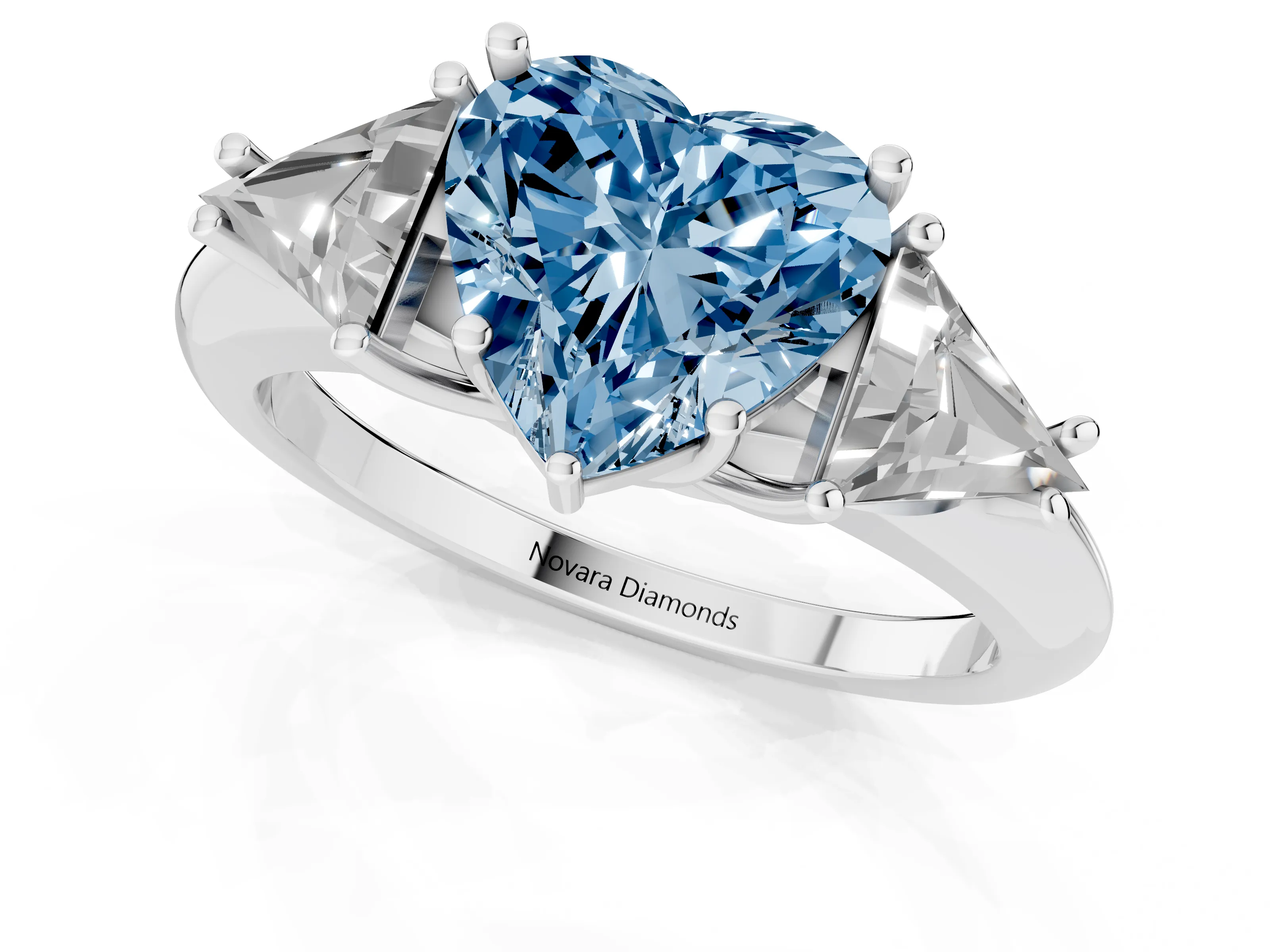 Fancy Blue Heart Cut Diamond Three-Stone Engagement Ring Set in Silver with Trillion Side Stones