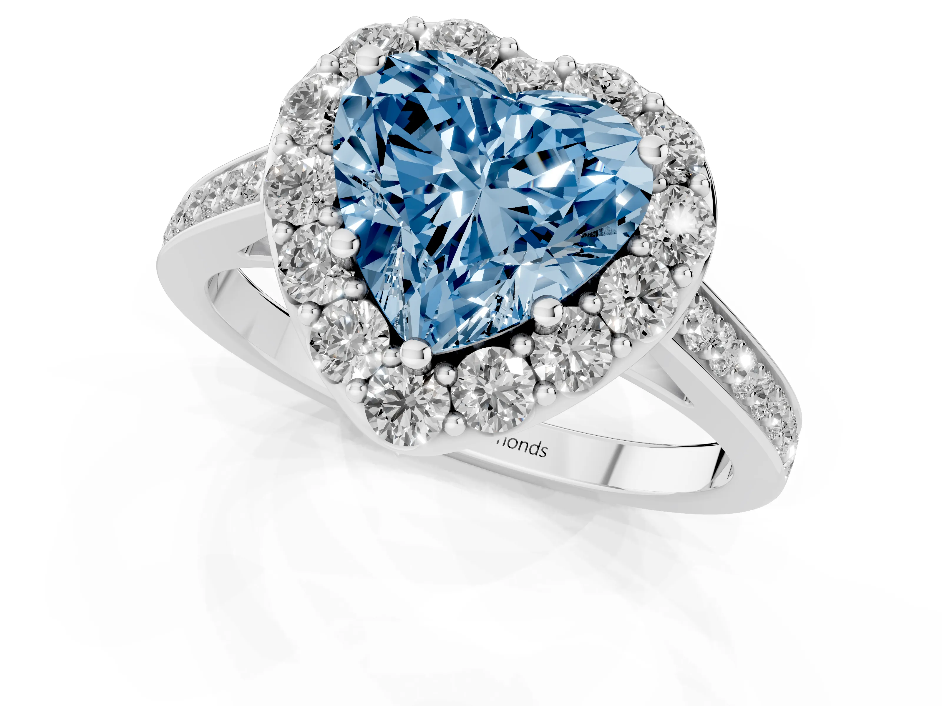 Fancy Blue Heart Cut Diamond Floral Halo Ring Set in Platinum with Pavé Band and Prong Setting