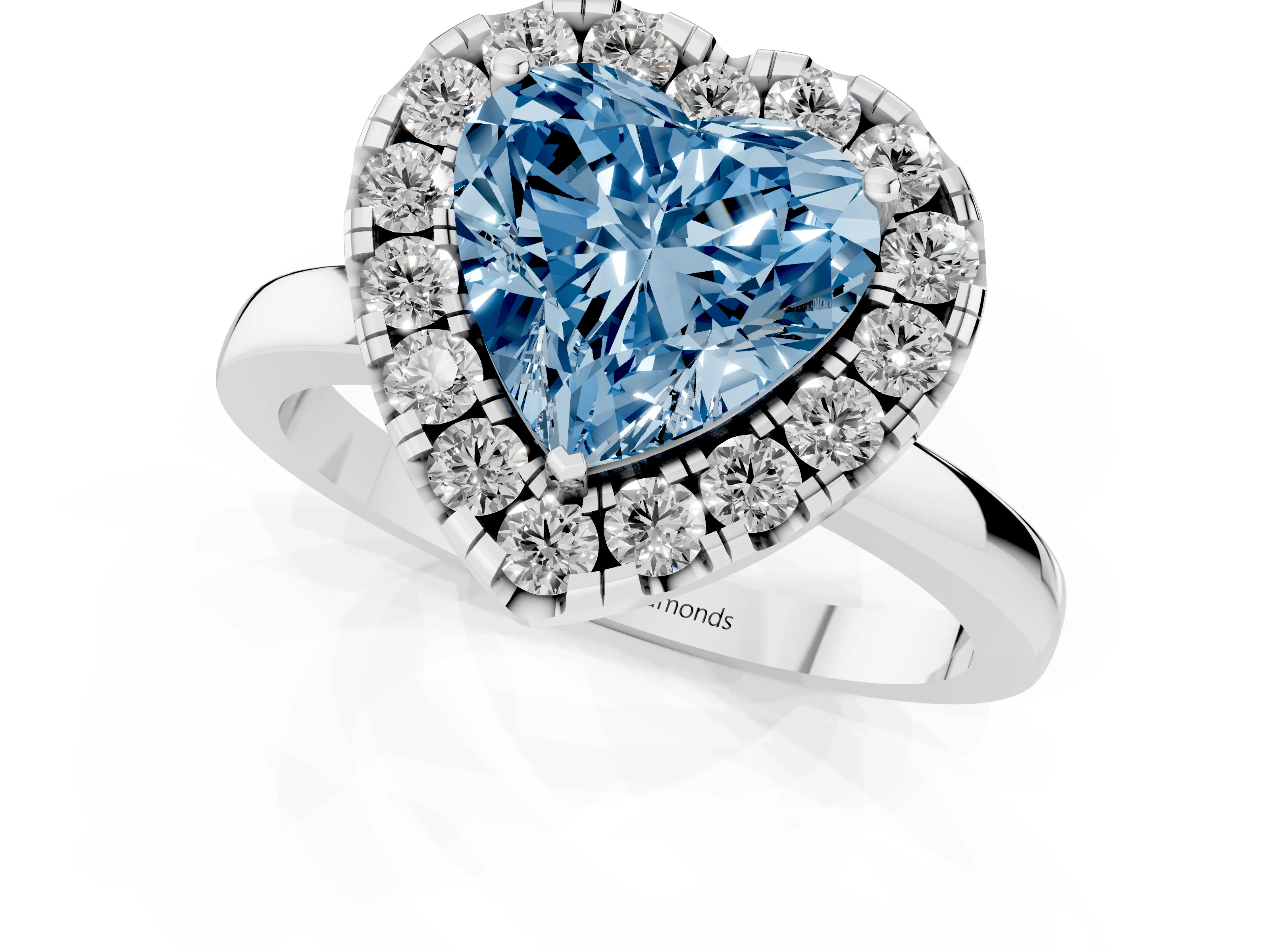 Fancy Blue Heart Cut Diamond Halo Solitaire Ring Set in White gold with Pavé Band and Prong Setting