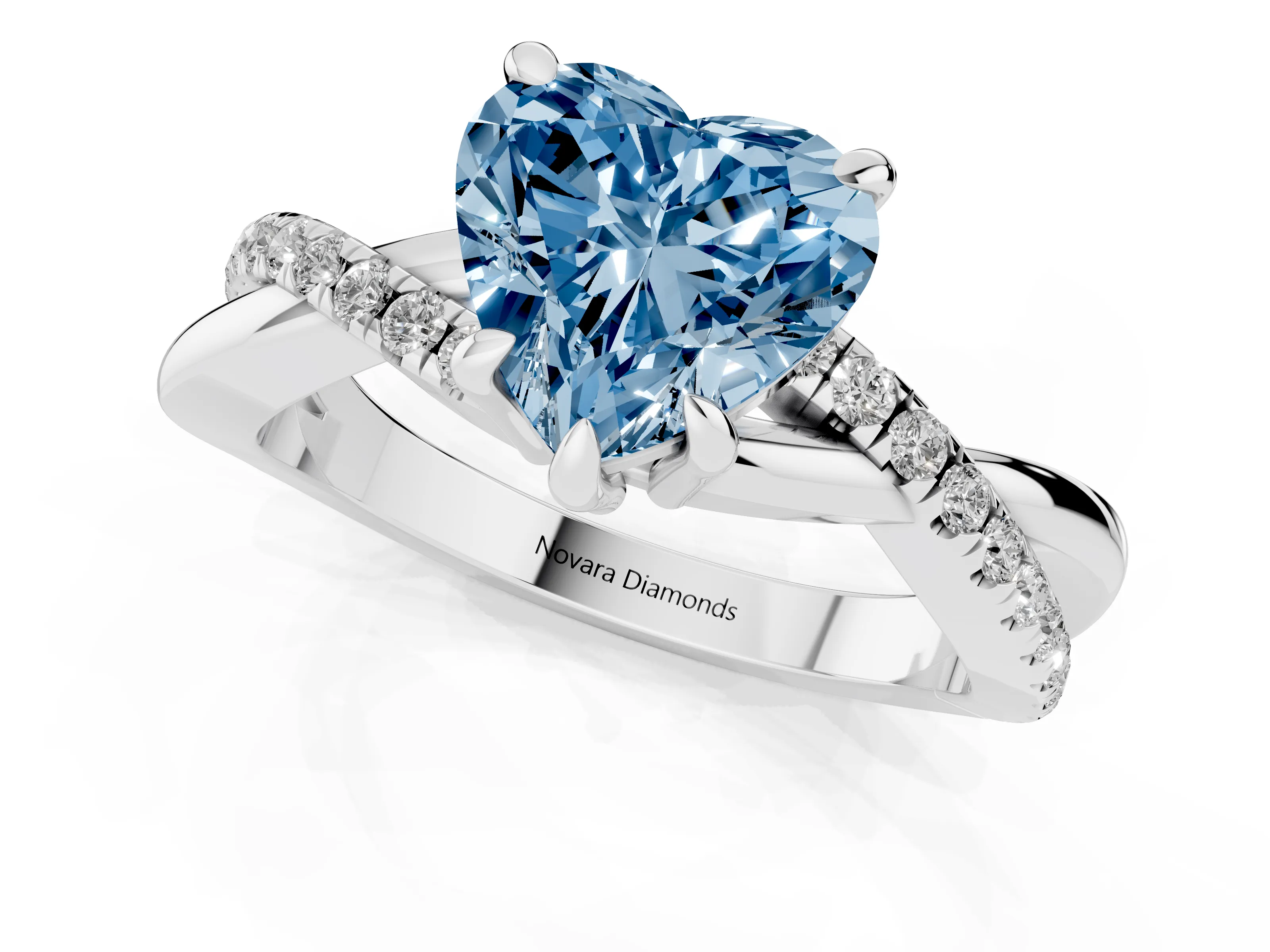 Fancy Blue Heart Cut Diamond Twist Band Solitaire Set in Platinum with Pavé Accents and Prong Setting