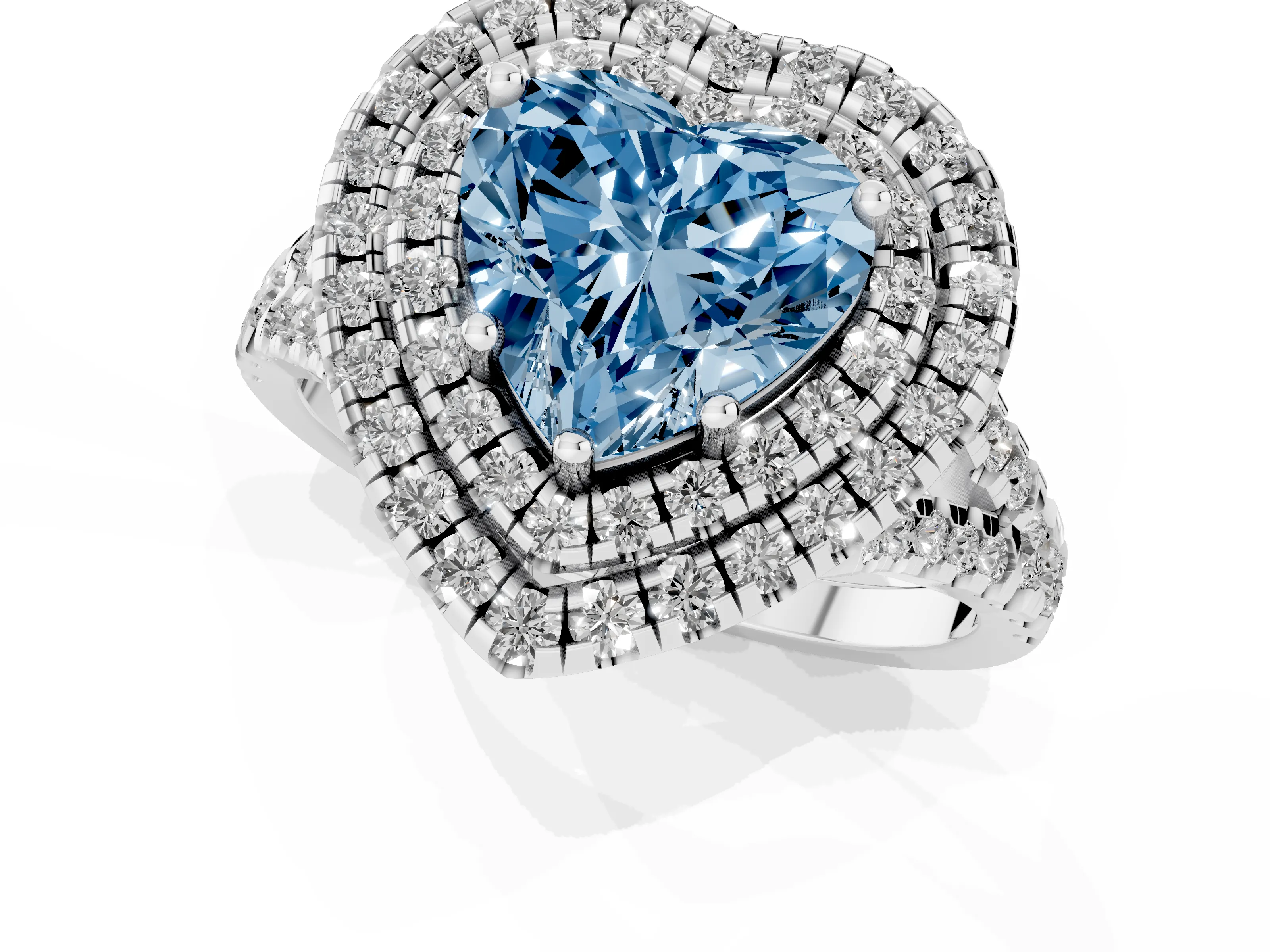 Fancy Blue Heart Cut Diamond Double Halo Ring Set in Silver with Pavé Split Shank and Prong Setting
