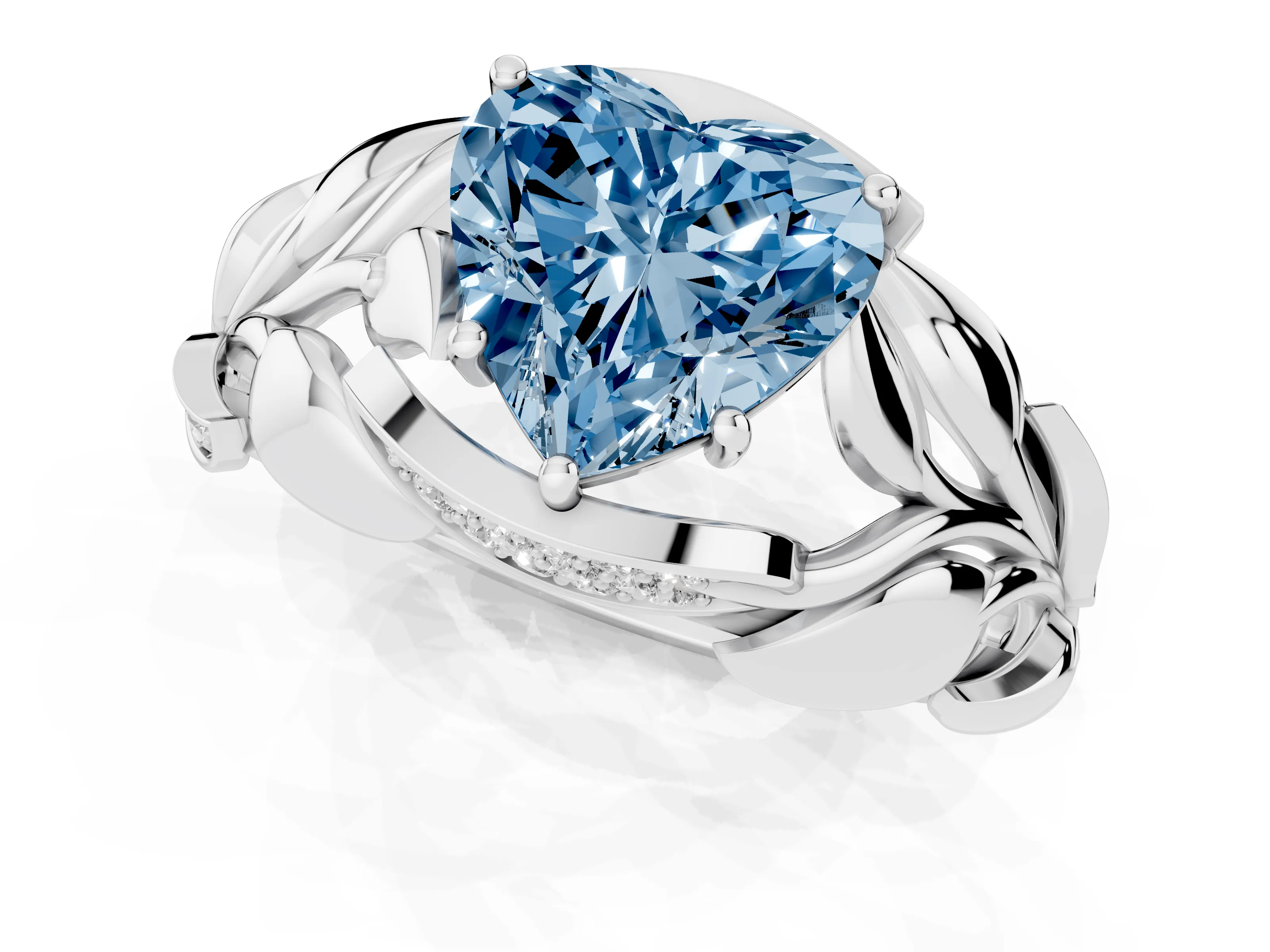 Fancy Blue Heart Cut Diamond Leaf-Inspired Engagement Ring Set in Silver with Round Accents