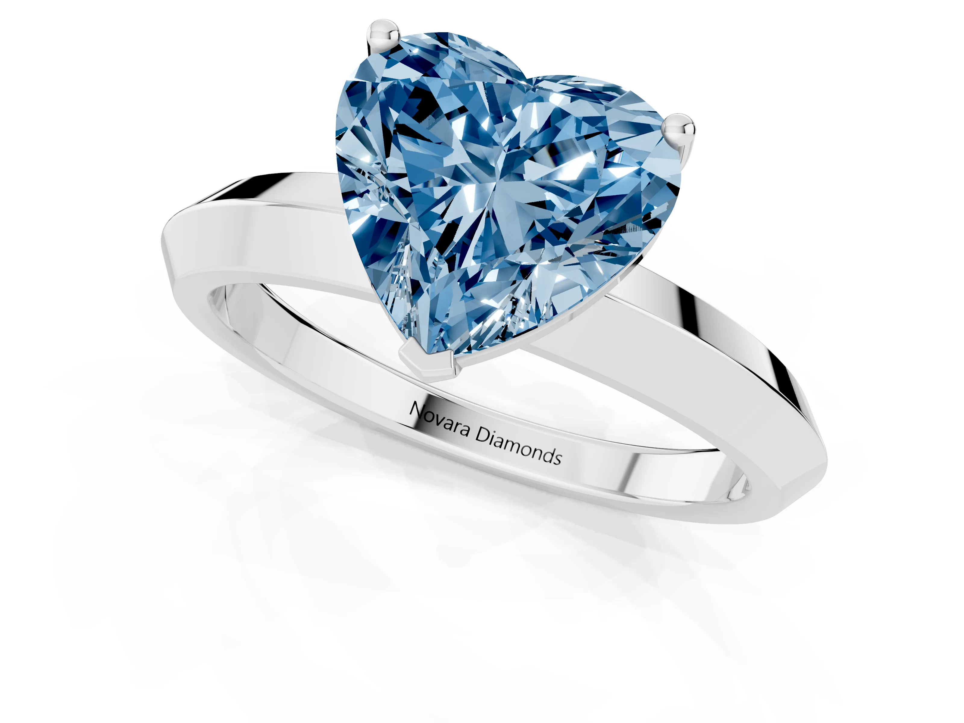 Fancy Blue Heart Cut Diamond Solitaire Engagement Ring Set in Silver with Flat Band and Prong Setting
