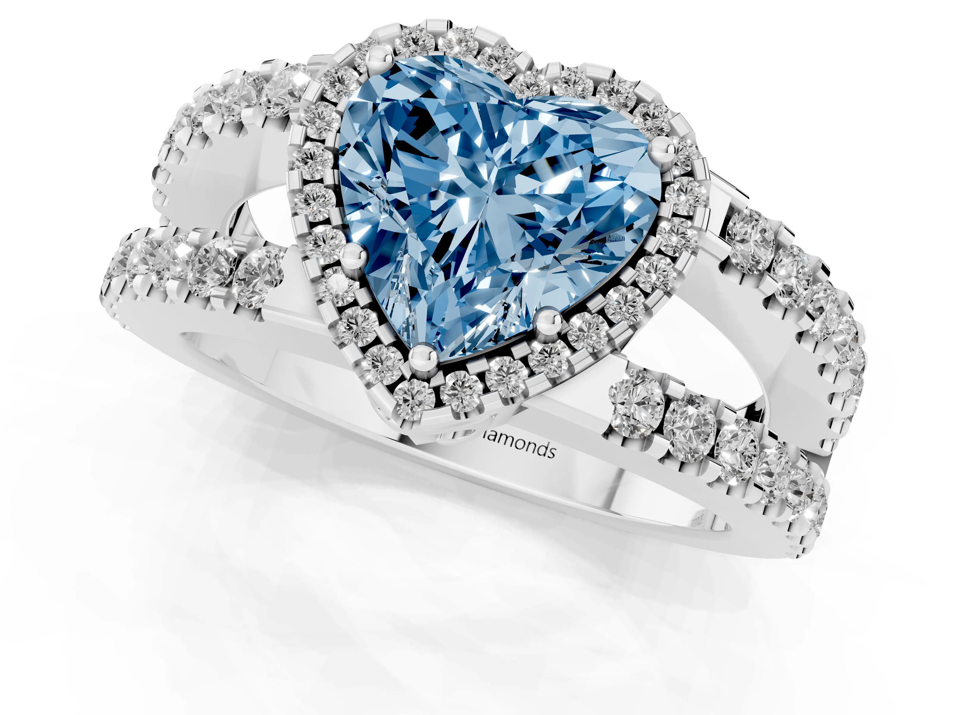 Fancy Blue Heart Cut Diamond Halo Ring Set in Silver with Pavé Split Shank and Prong Setting