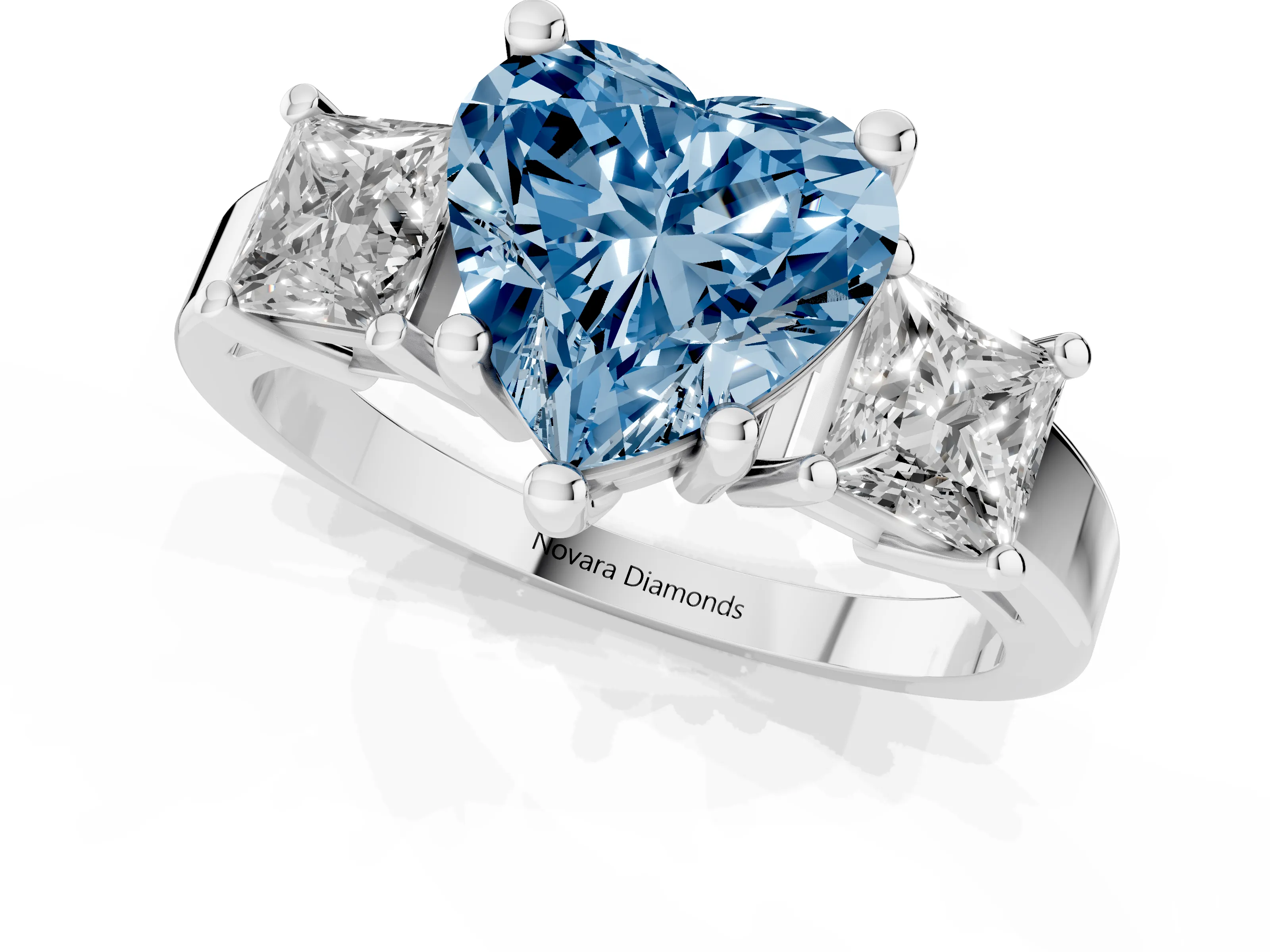 Fancy Blue Three-Stone Heart Cut Diamond Solitaire Ring Set in Silver with Prong Setting