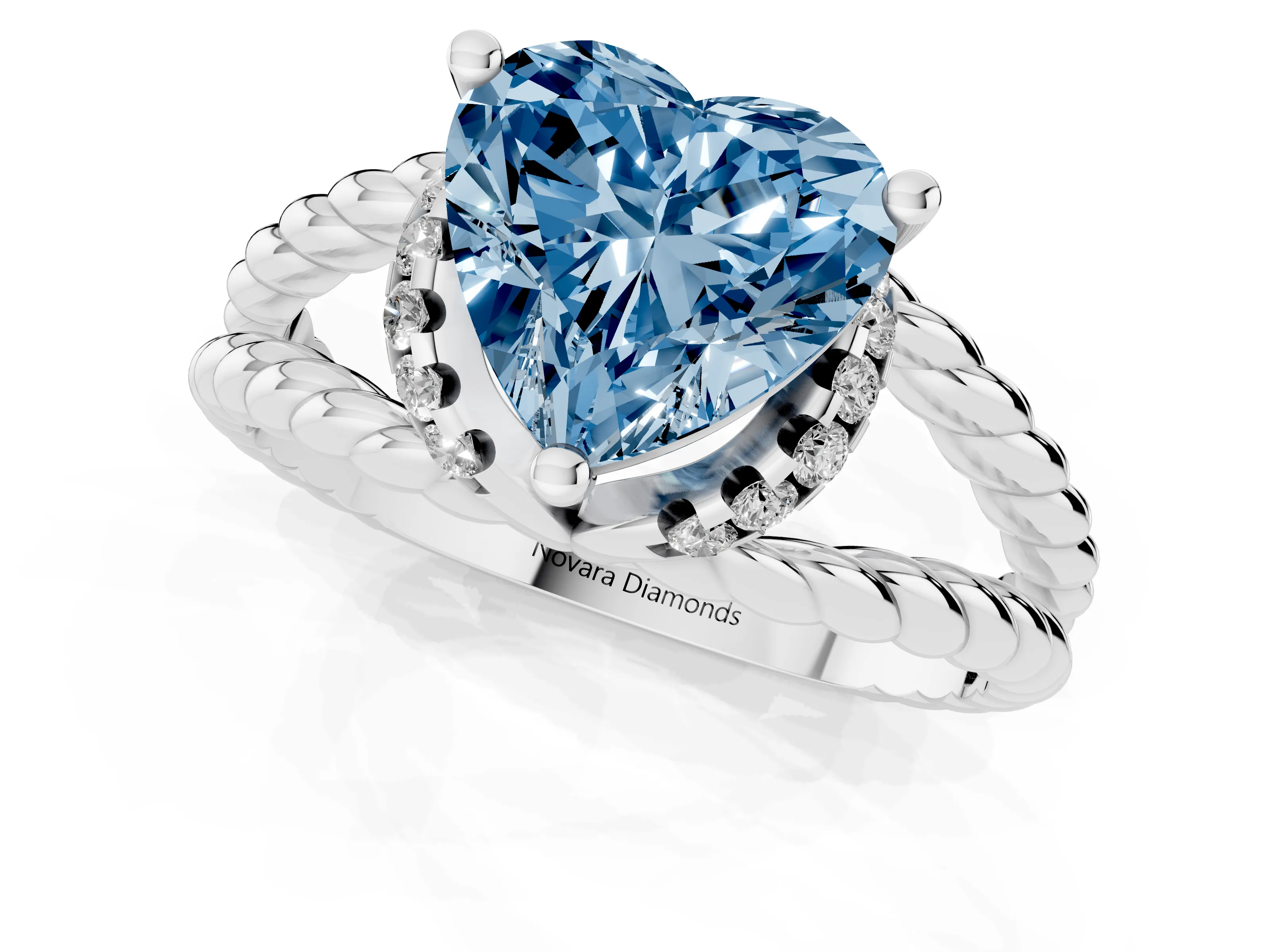 Fancy Blue Heart Cut Diamond Halo Ring Set in White gold with Twisted Band and Prong Setting