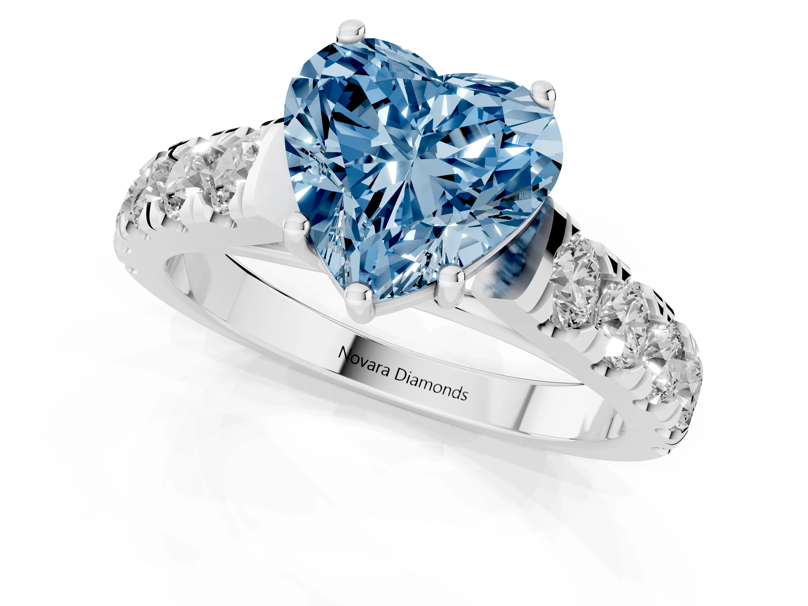 Fancy Blue Heart Cut Diamond Solitaire Ring Set in White gold with Cut-Down Micro Pavé Band and Prong Setting