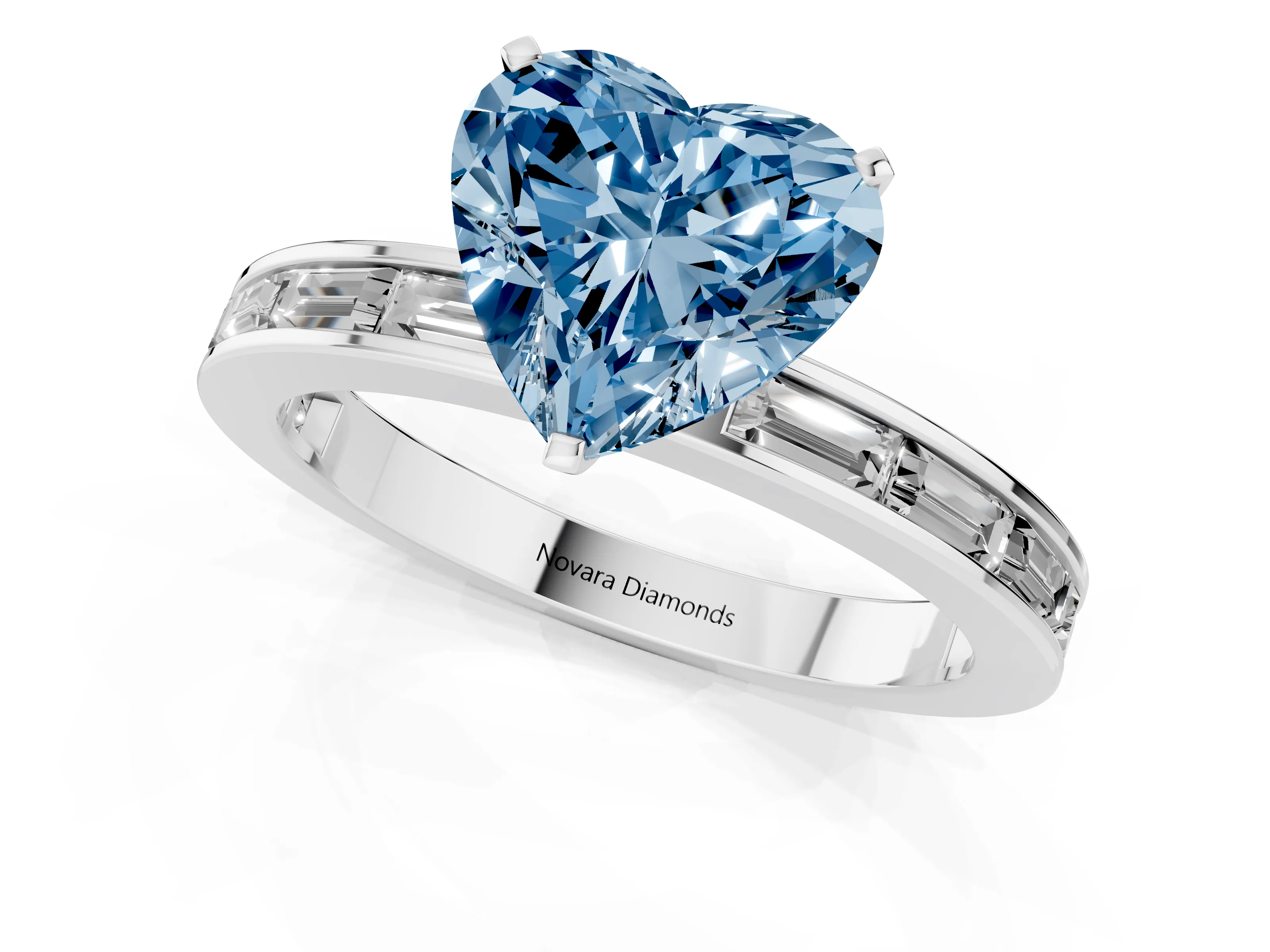 Fancy Blue Heart Cut Diamond Solitaire Ring Set in Silver with Channel-Set Baguette Band and Prong Setting