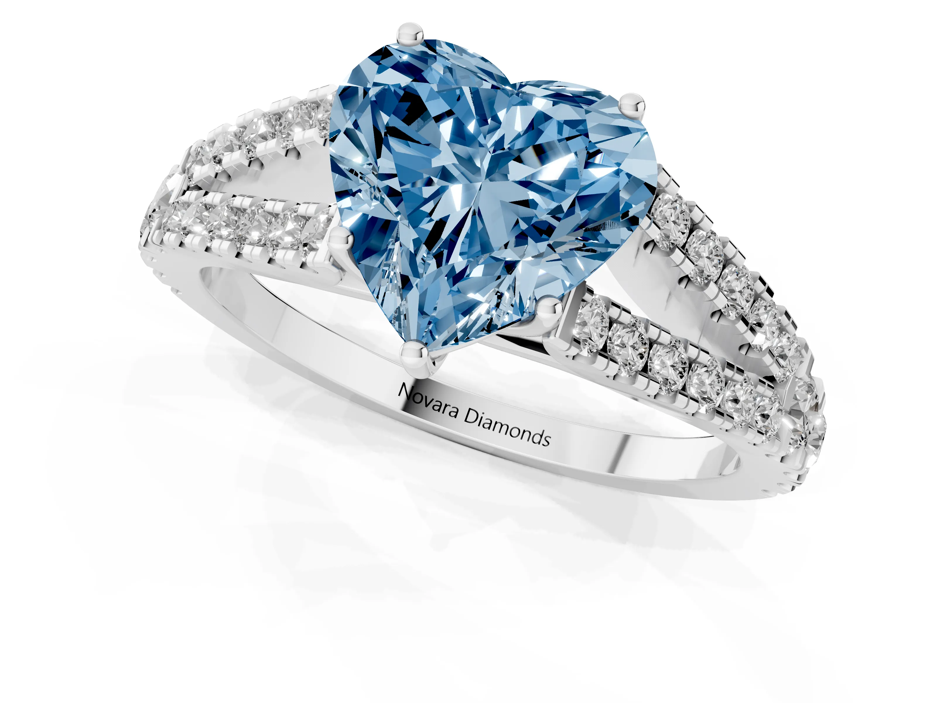 Fancy Blue Heart Cut Diamond Split Shank Pavé Engagement Ring Set in Platinum with Prong-Held Center Stone
