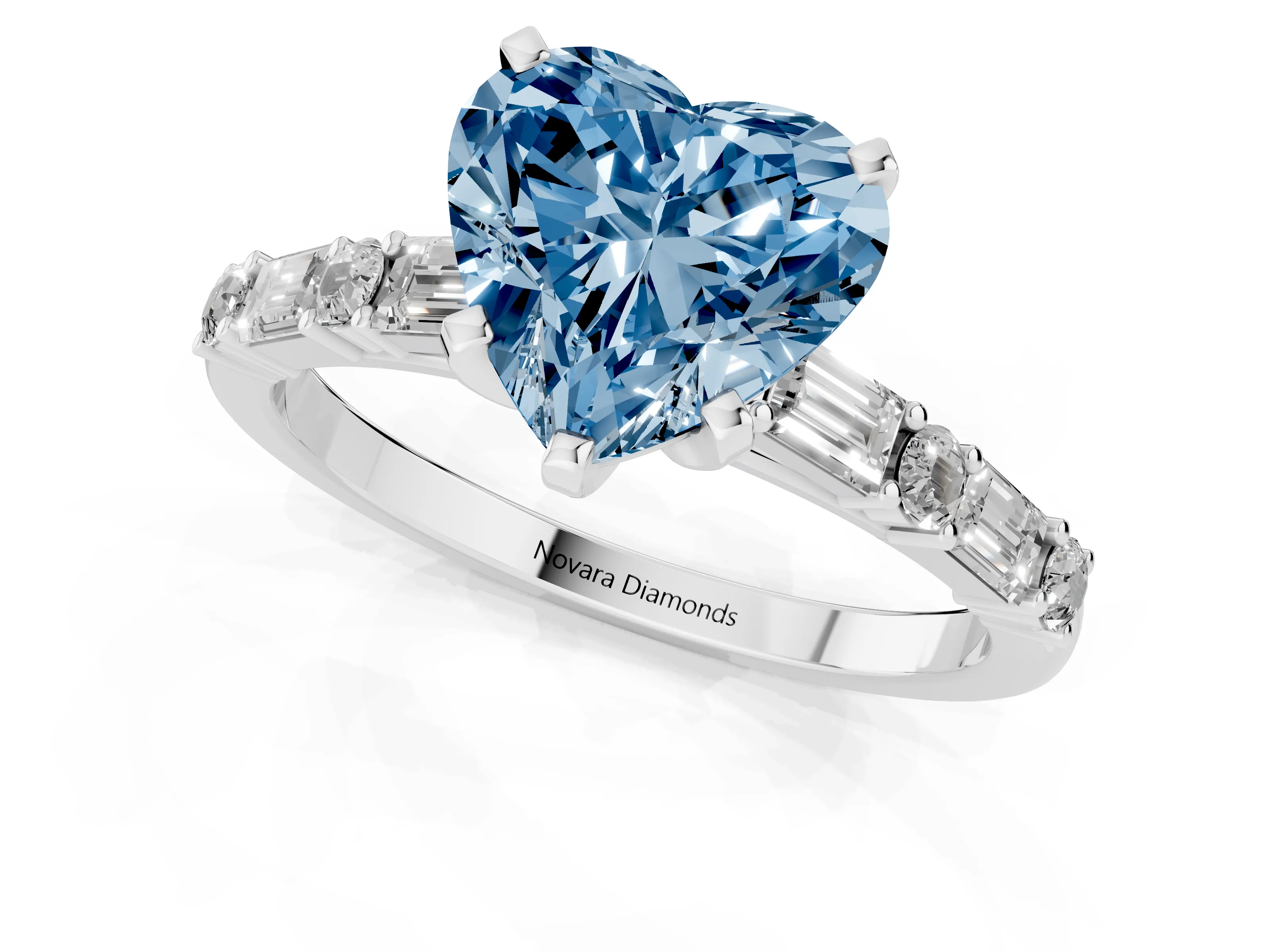 Fancy Blue Heart Cut Diamond Solitaire Set in Platinum with Side Baguettes and Channel Set Band