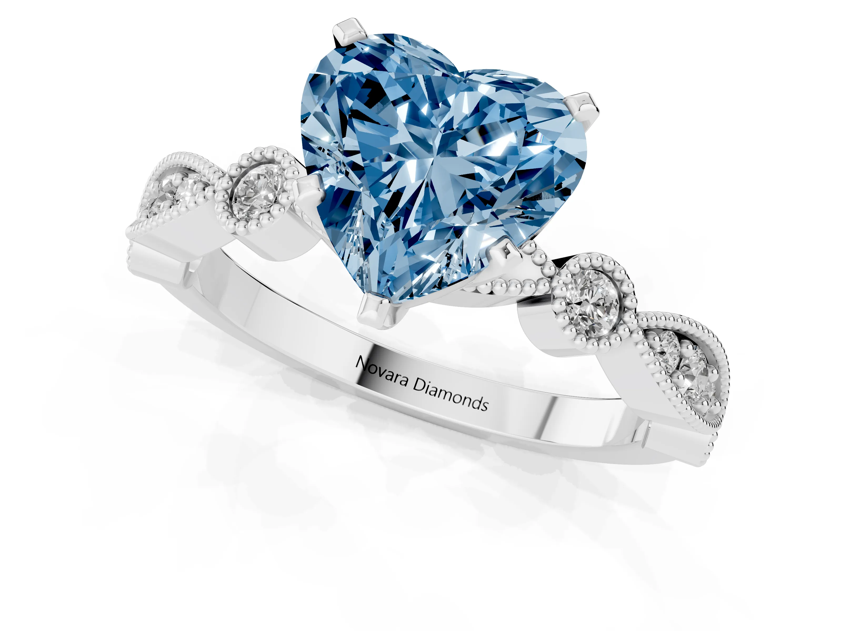 Fancy Blue Heart Cut Diamond Solitaire Engagement Ring Set in Silver with Milgrain Bezel Accent Band