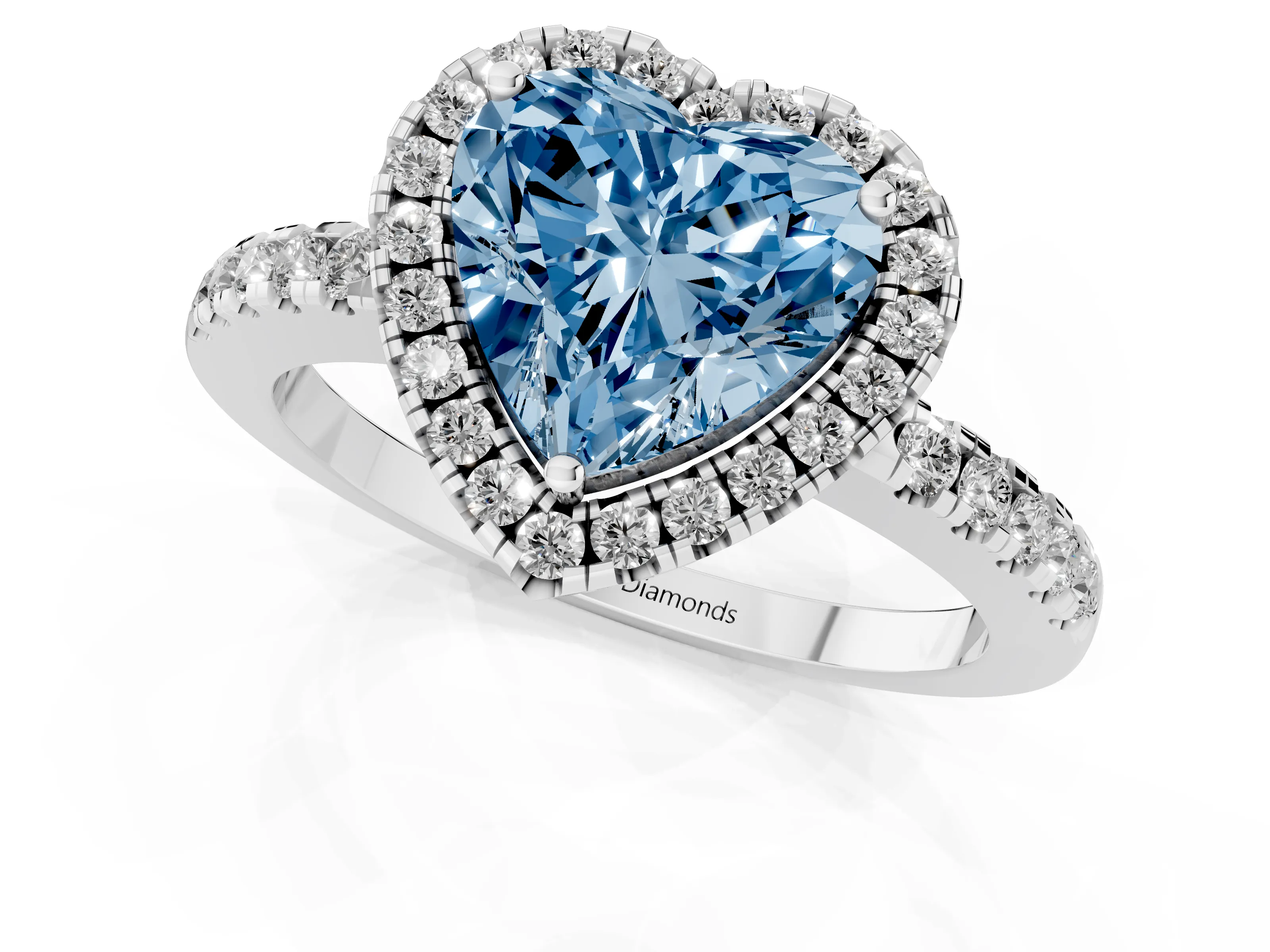 Fancy Blue Heart Cut Diamond Pavé Band Halo Engagement Ring Set in White gold with Prong Setting