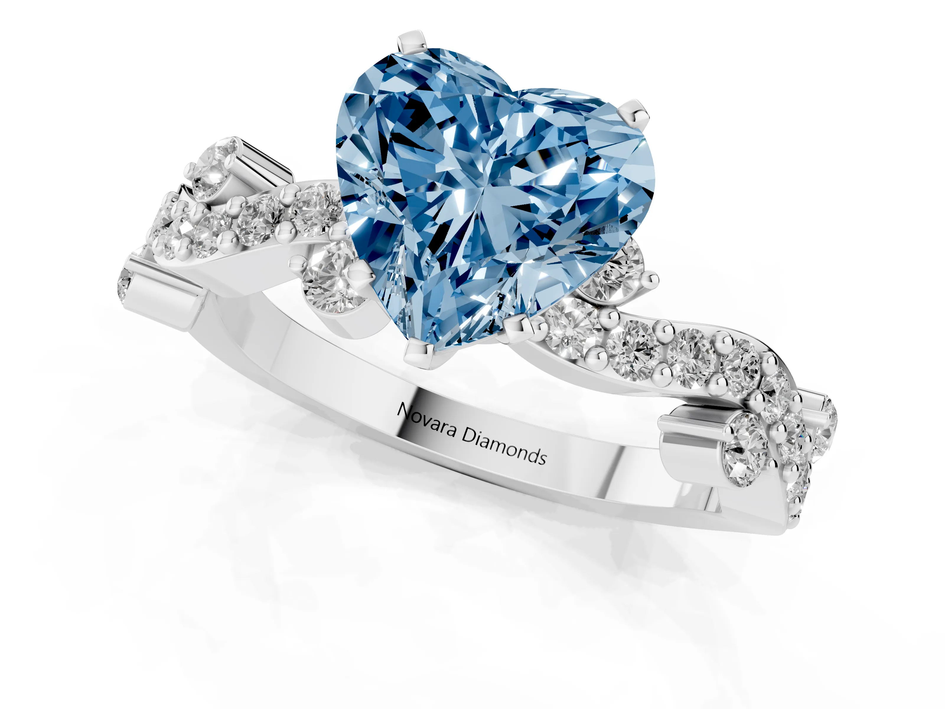 Fancy Blue Heart Cut Diamond Solitaire Twisted Band Set in Silver with Pavé Setting