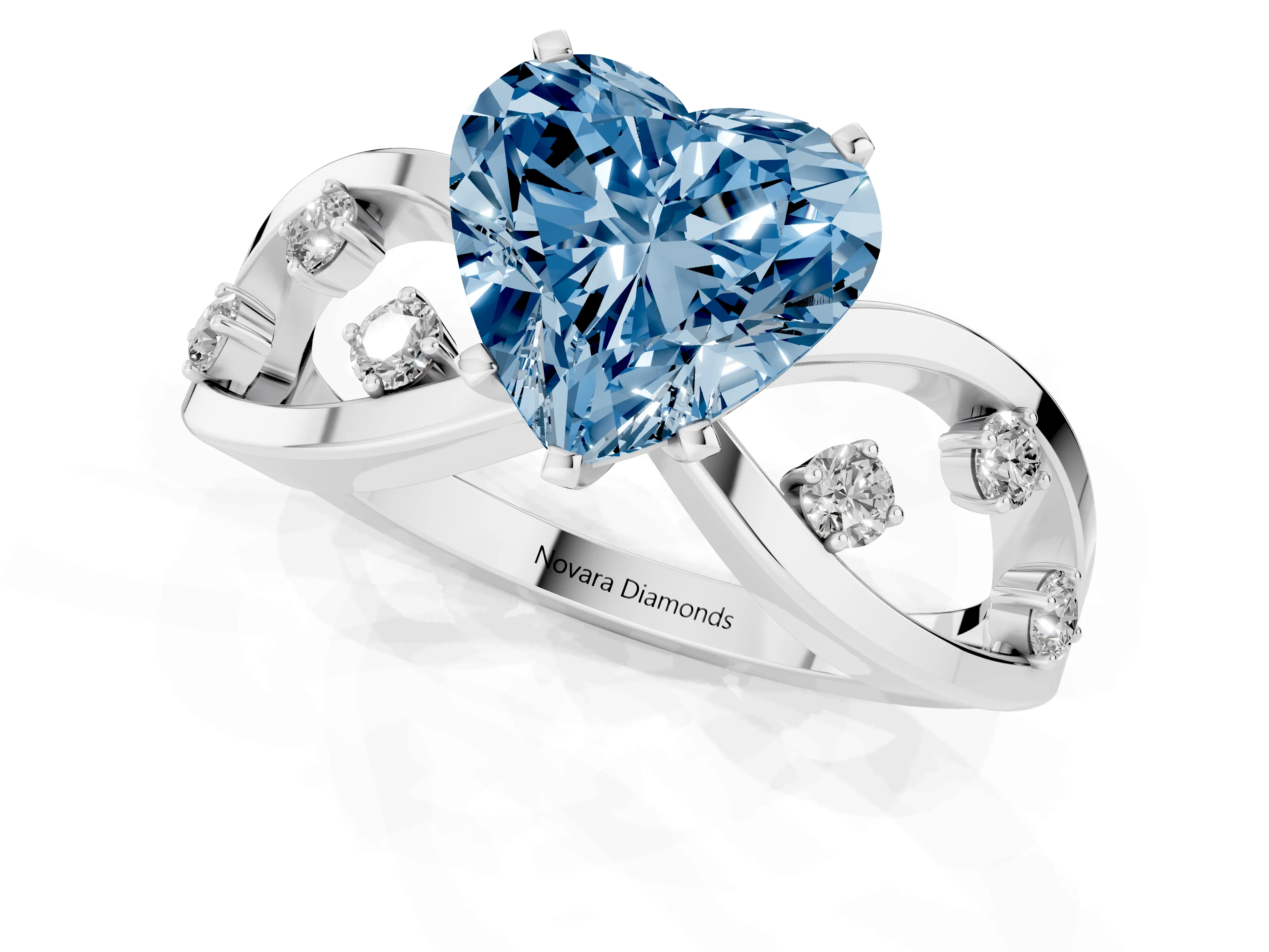Fancy Blue Heart Cut Diamond Solitaire Ring Set in Platinum with Side Stones on Criss-Cross Band and Prong Setting