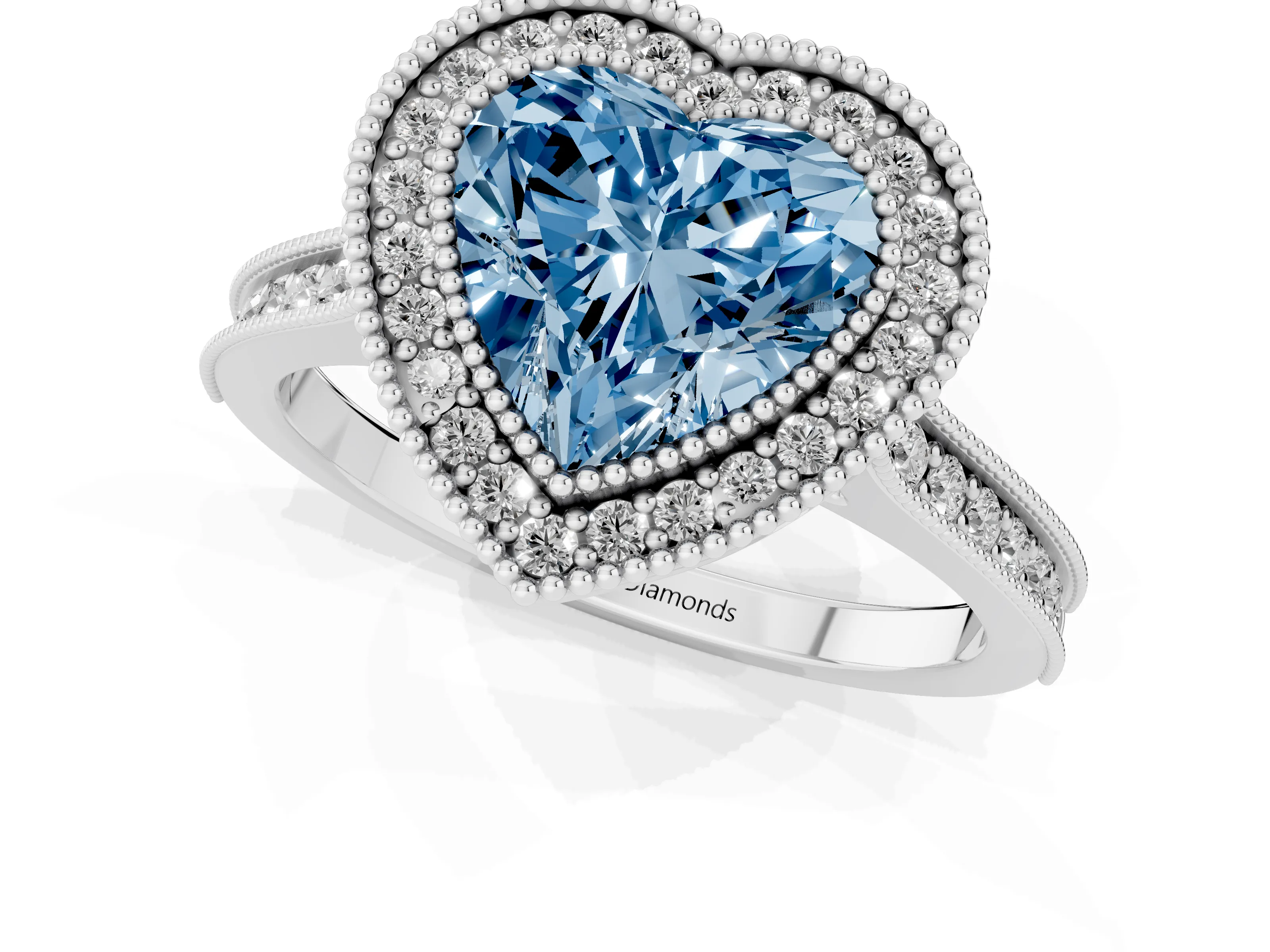 Fancy Blue Heart Cut Diamond Halo Milgrain Pavé Band Ring Set in White gold with Prong Setting