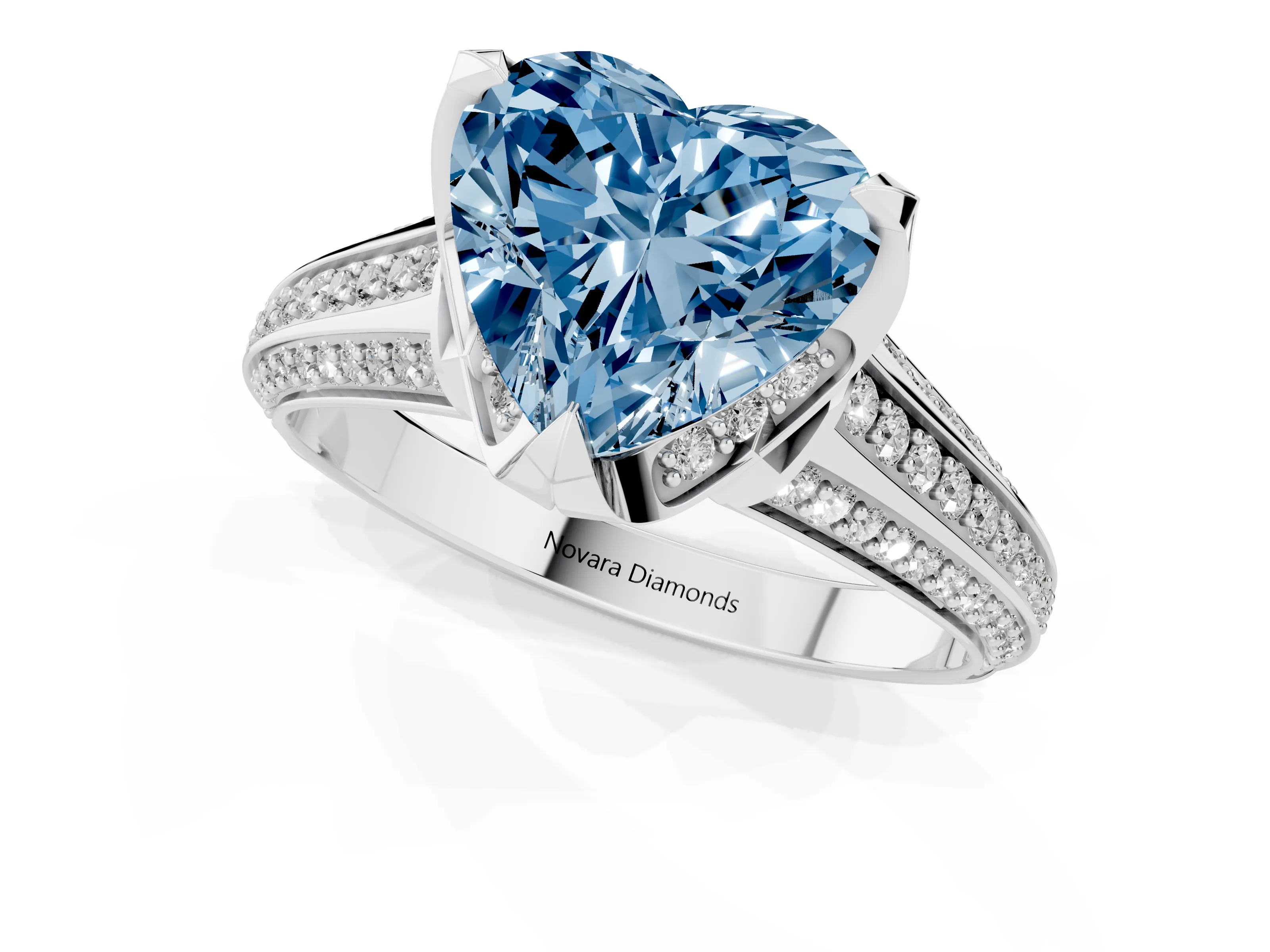 Fancy Blue Heart Cut Diamond Pavé Split Shank Solitaire Ring Set in Silver with Prong Setting