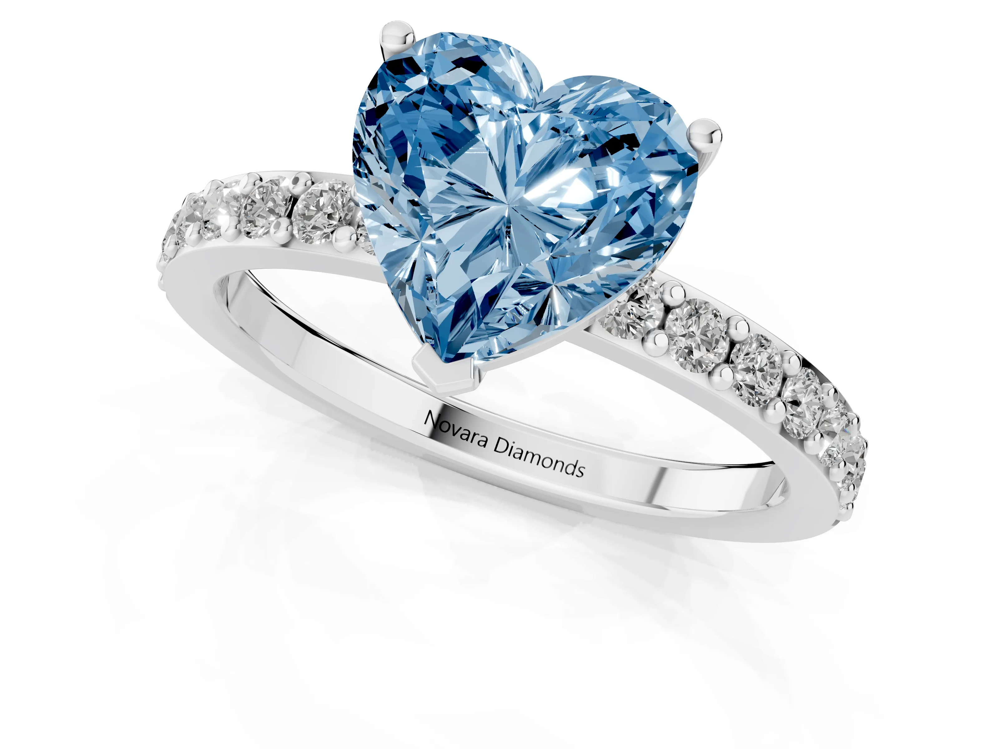 Fancy Blue Heart Cut Diamond Solitaire Set in White gold with Round Pavé Band and Prong Setting