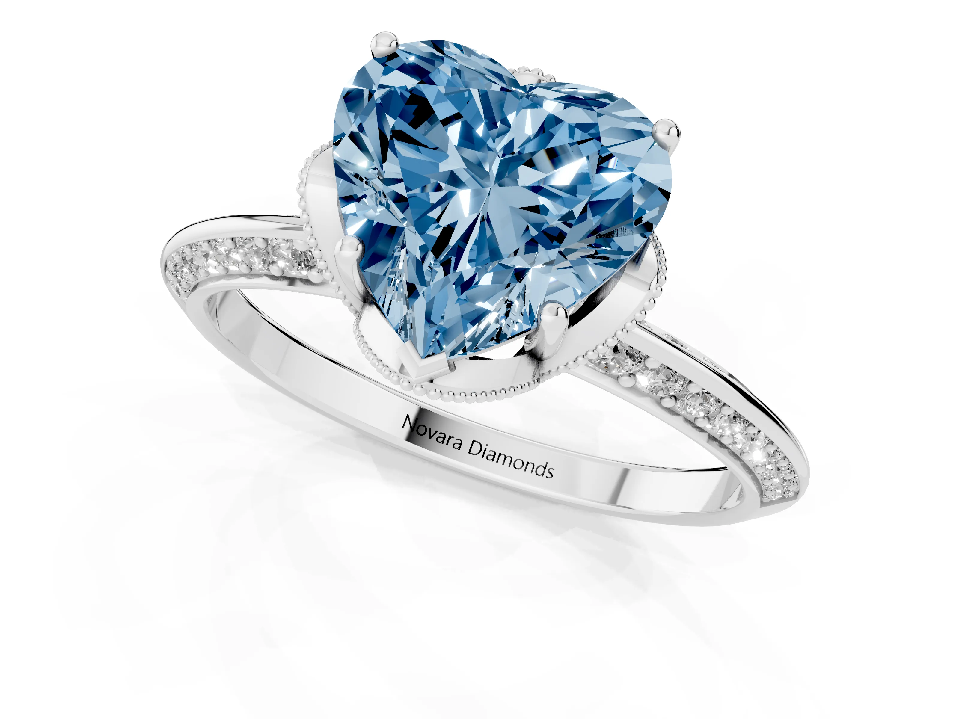 Fancy Blue Heart Cut Diamond Solitaire Engagement Ring Set in Platinum with Pavé Split Shank and Prong Setting
