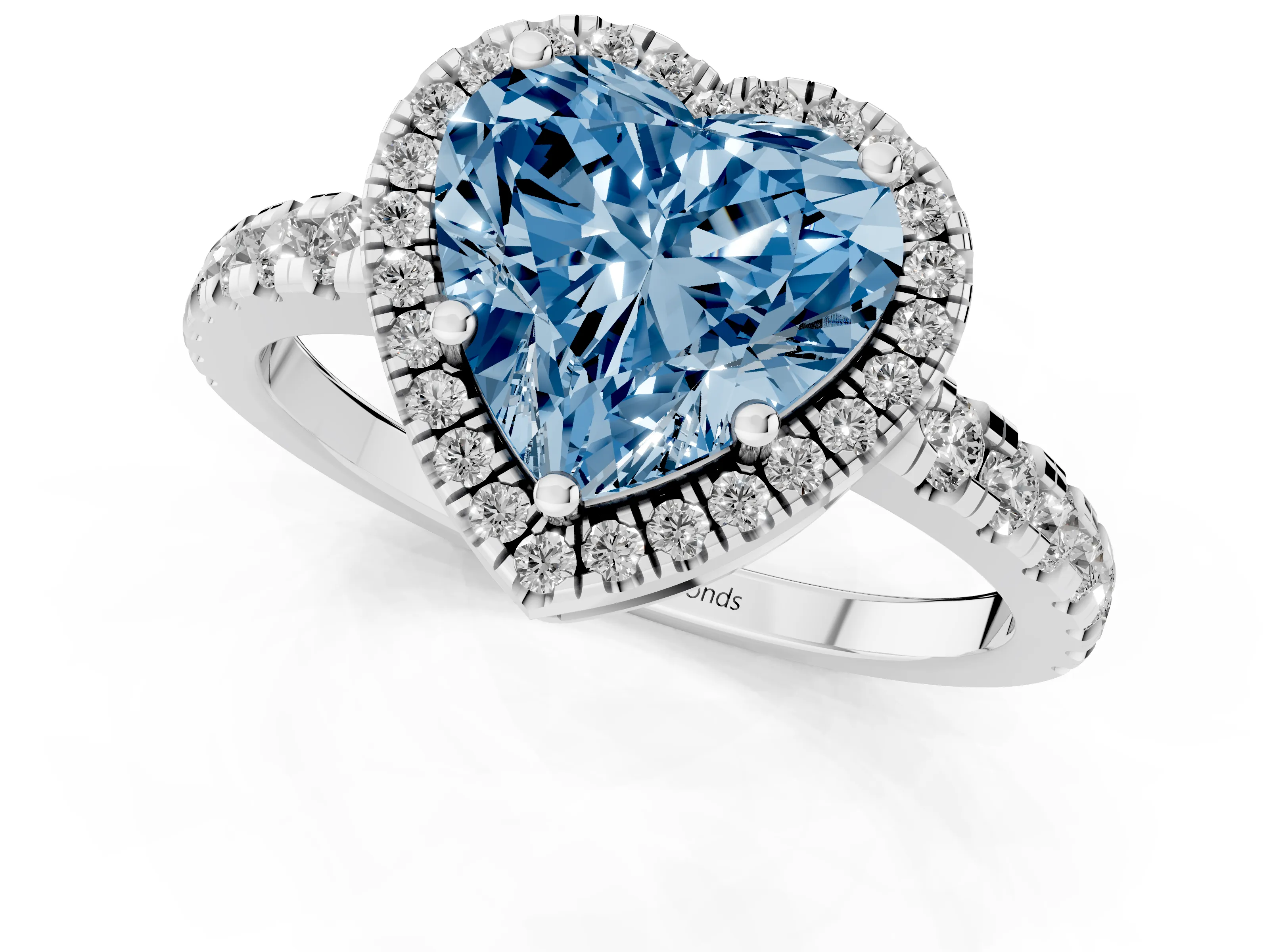 Fancy Blue Heart Cut Diamond Halo Ring Set in Silver with Delicate Pavé Band and Prong Setting