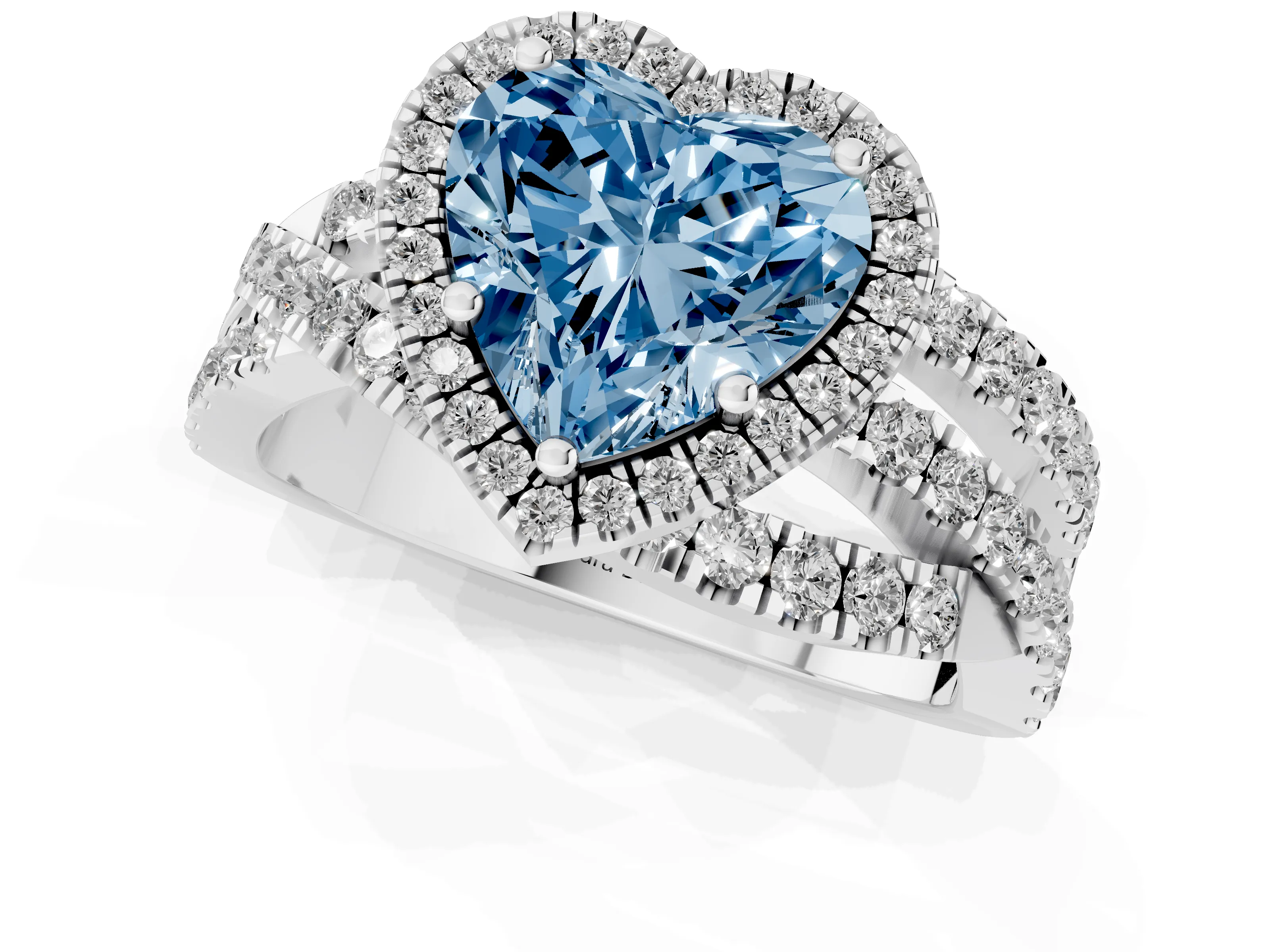 Fancy Blue Heart Cut Diamond Halo Ring Set in Silver with Round Crossover Split Shank and Prong Setting