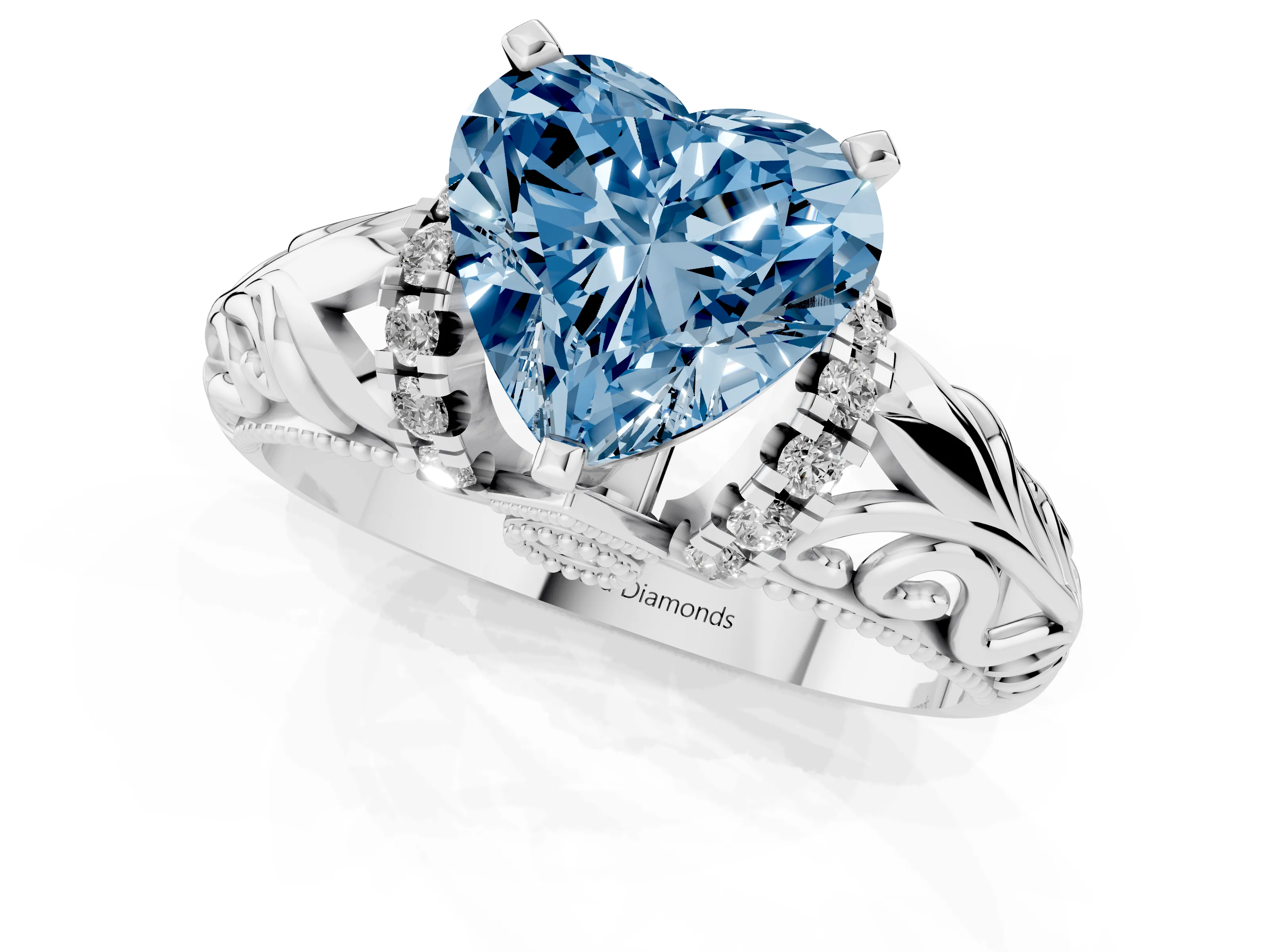Fancy Blue Heart Cut Diamond Filigree Halo Engagement Ring Set in White gold with Prong Setting