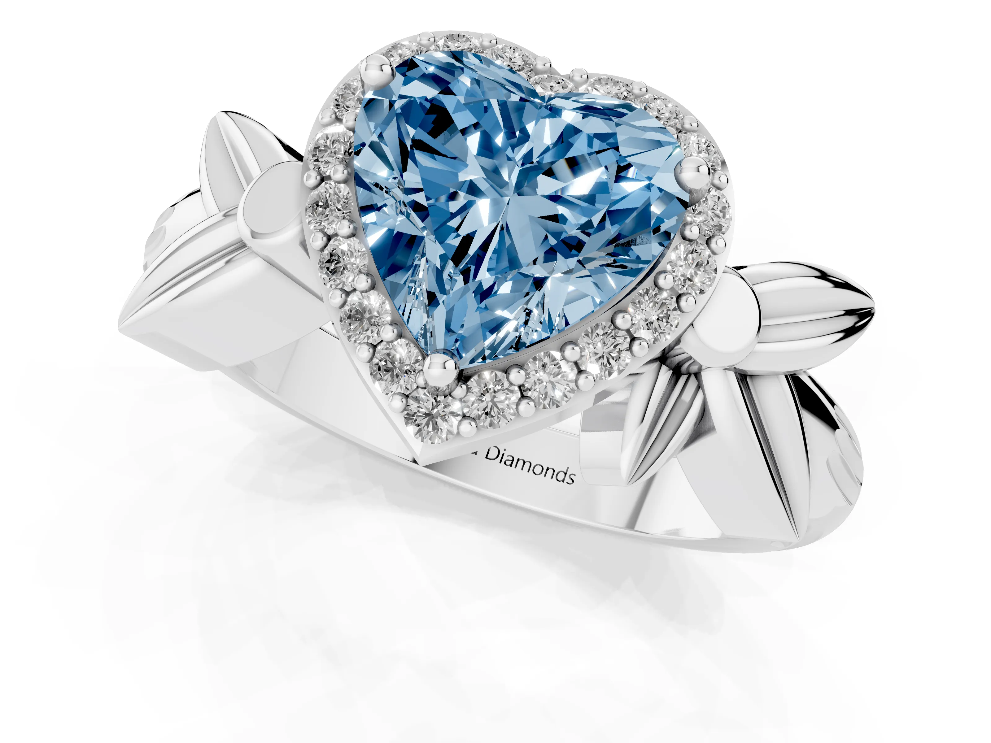 Fancy Blue Heart Cut Diamond Halo Floral Band Ring Set in Silver with Prong Setting