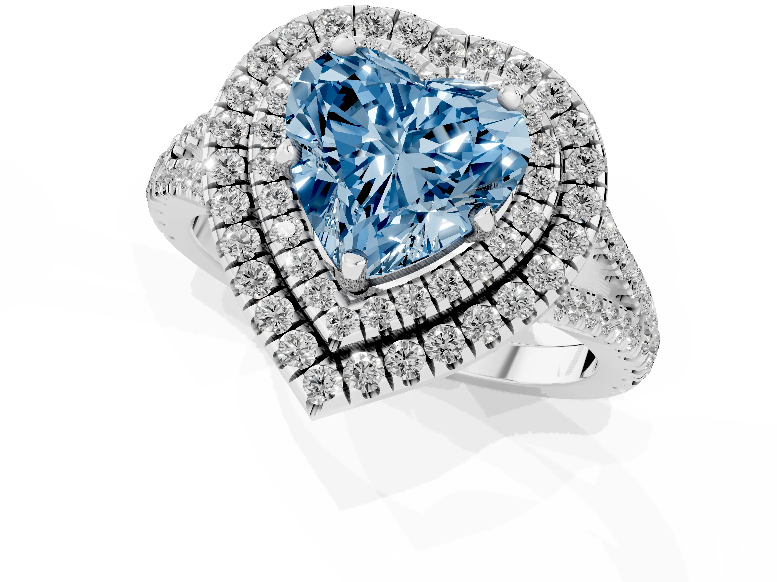 Fancy Blue Heart Cut Diamond Double Halo Ring Set in White gold with Pavé Band – second view