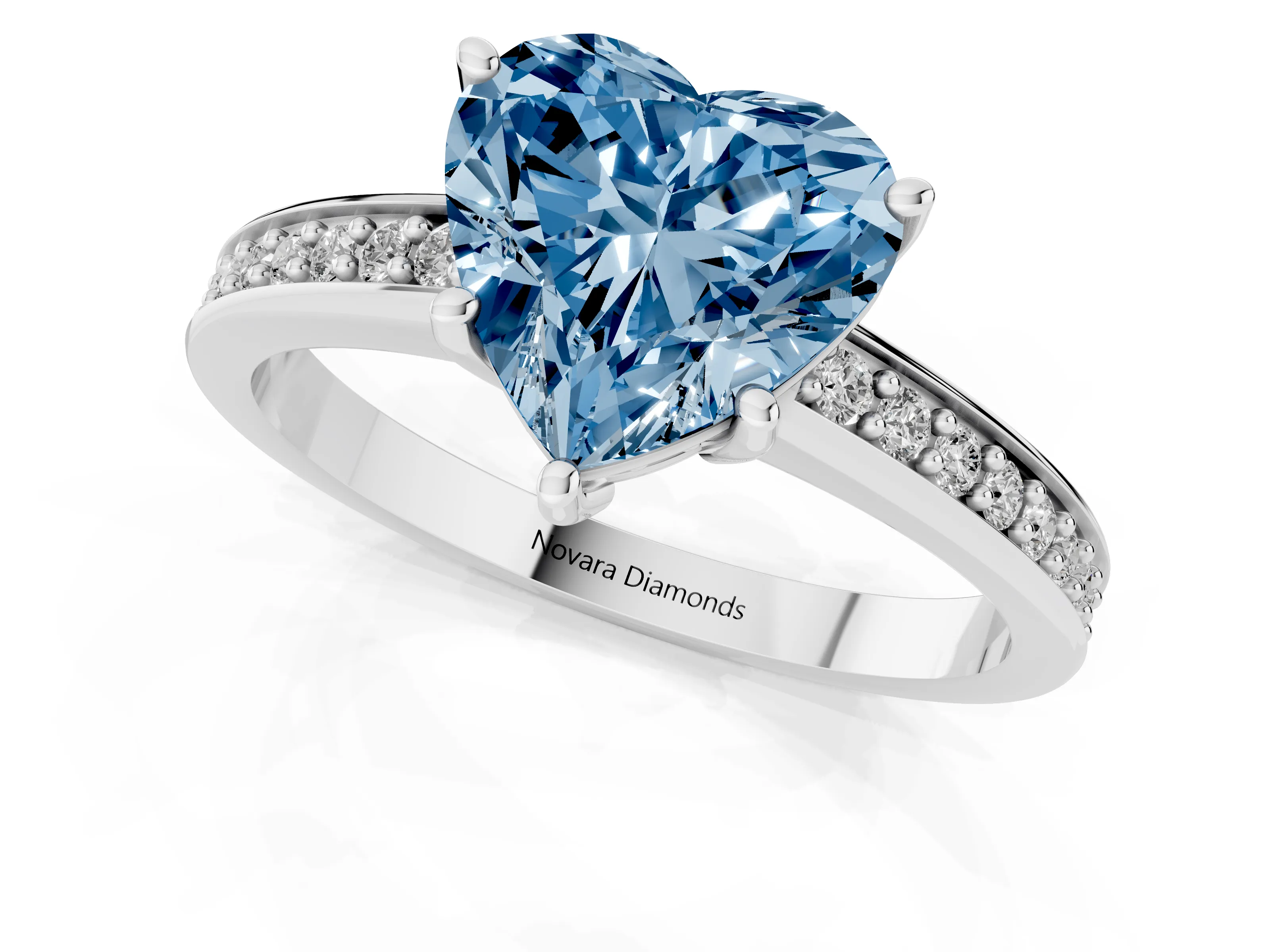 Fancy Blue Heart Cut Diamond Pavé Band Prong Set Solitaire Ring Set in White gold