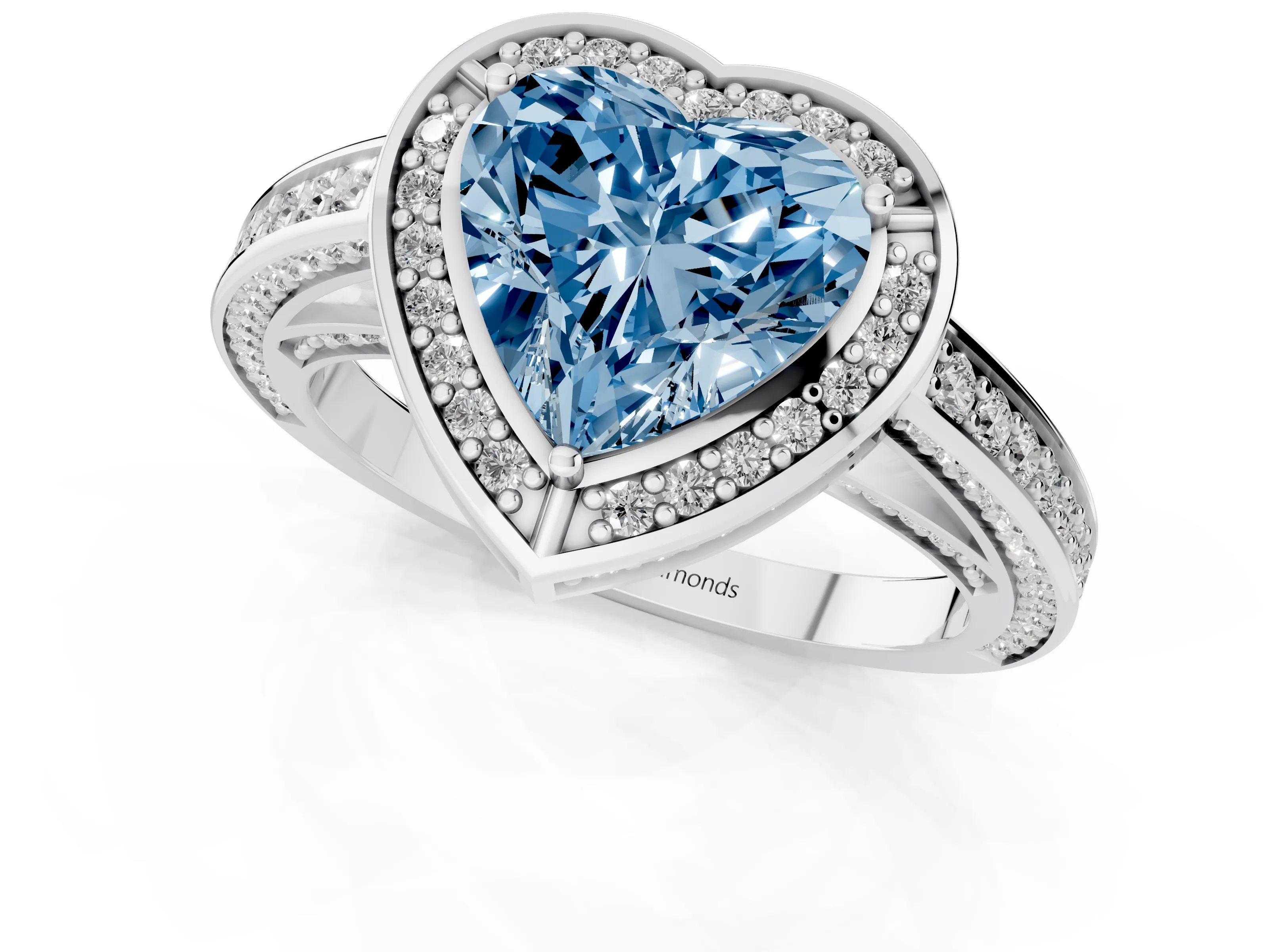 Fancy Blue Heart Cut Diamond Halo Pavé Split Shank Ring Set in White gold with Prong Setting