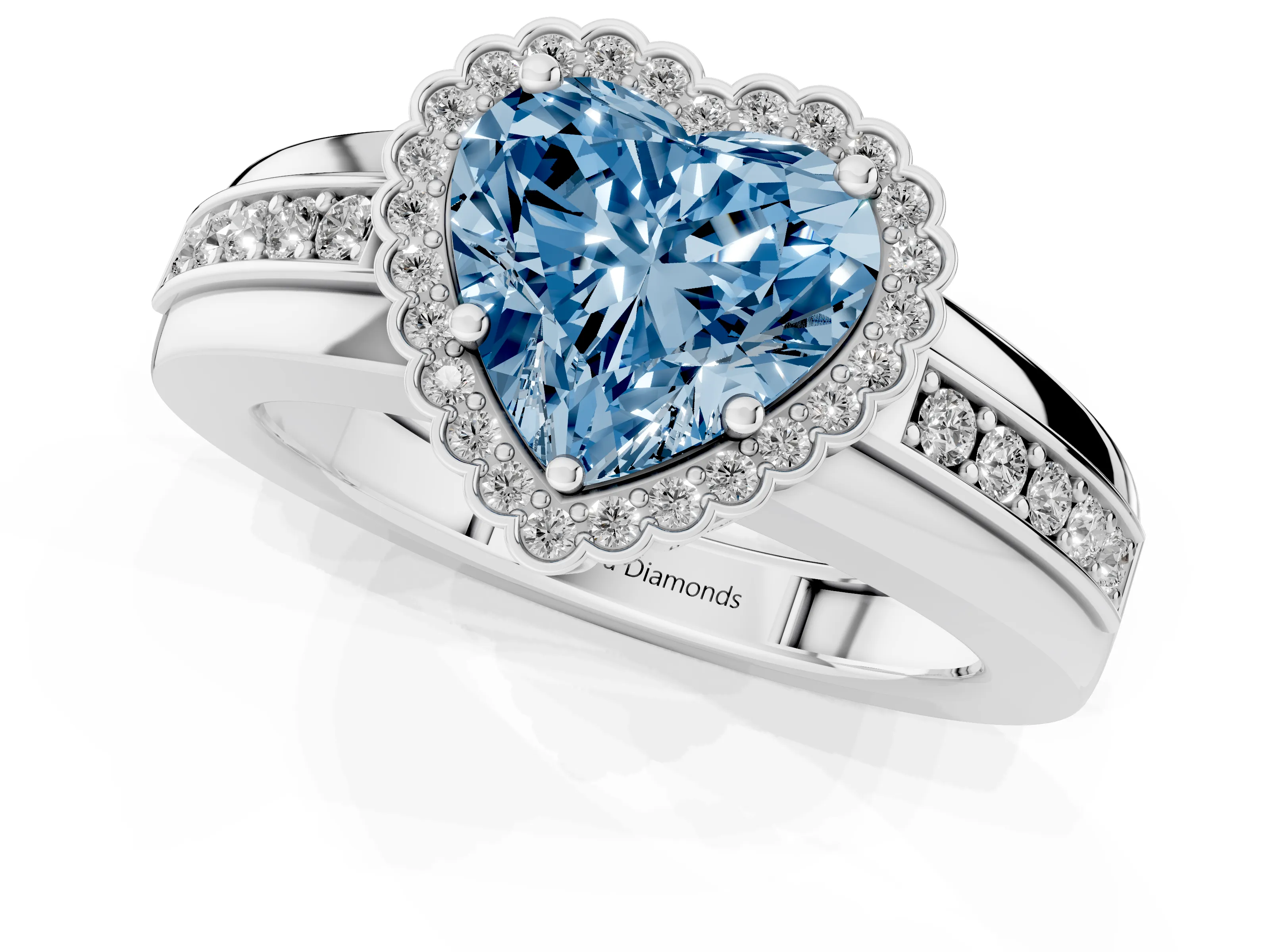 Fancy Blue Heart Cut Diamond Halo Prong Ring Set in Platinum with Pavé Band