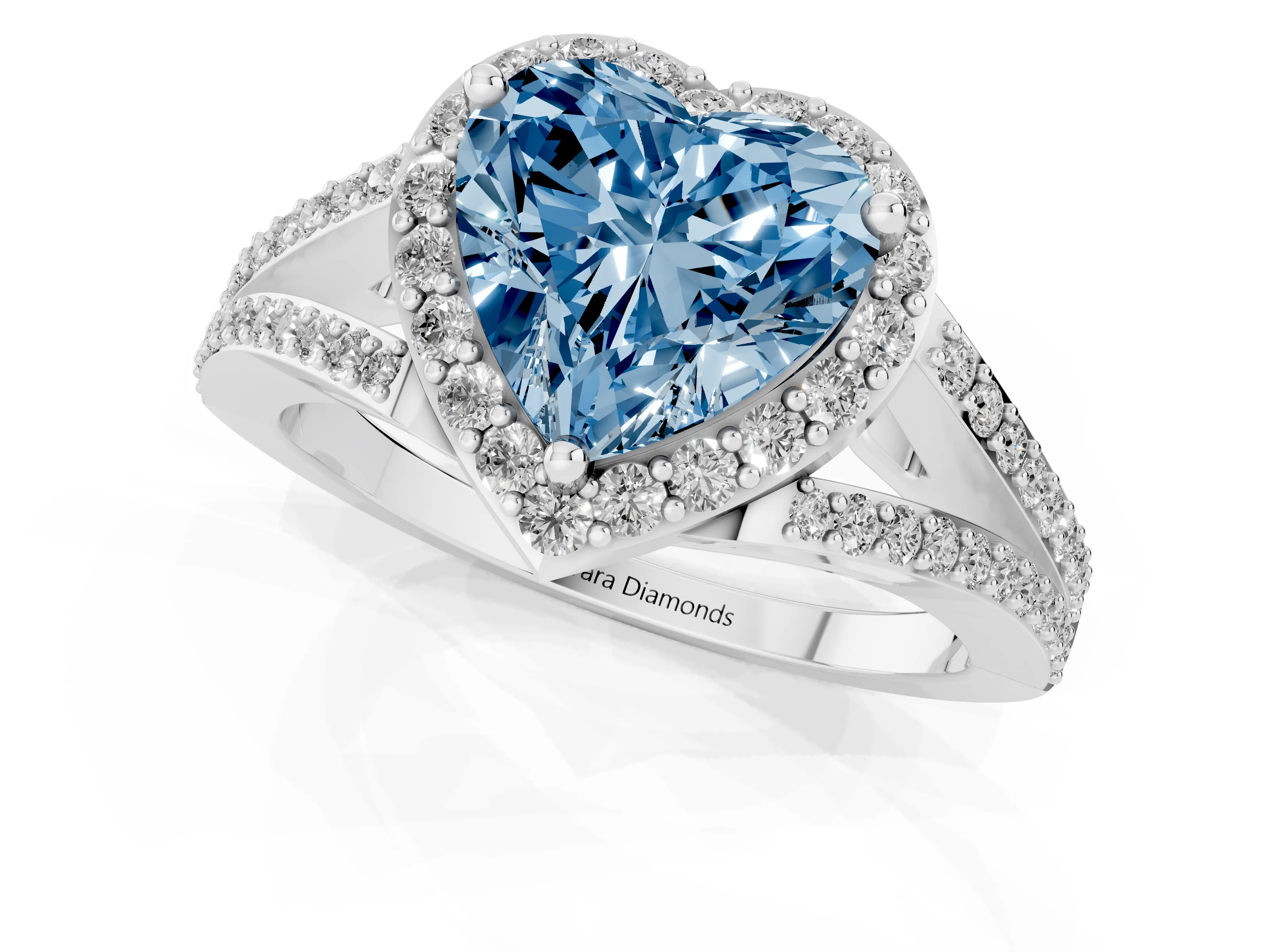Fancy Blue Heart Cut Diamond Halo Split Shank Pavé Ring Set in White gold with Prong Setting