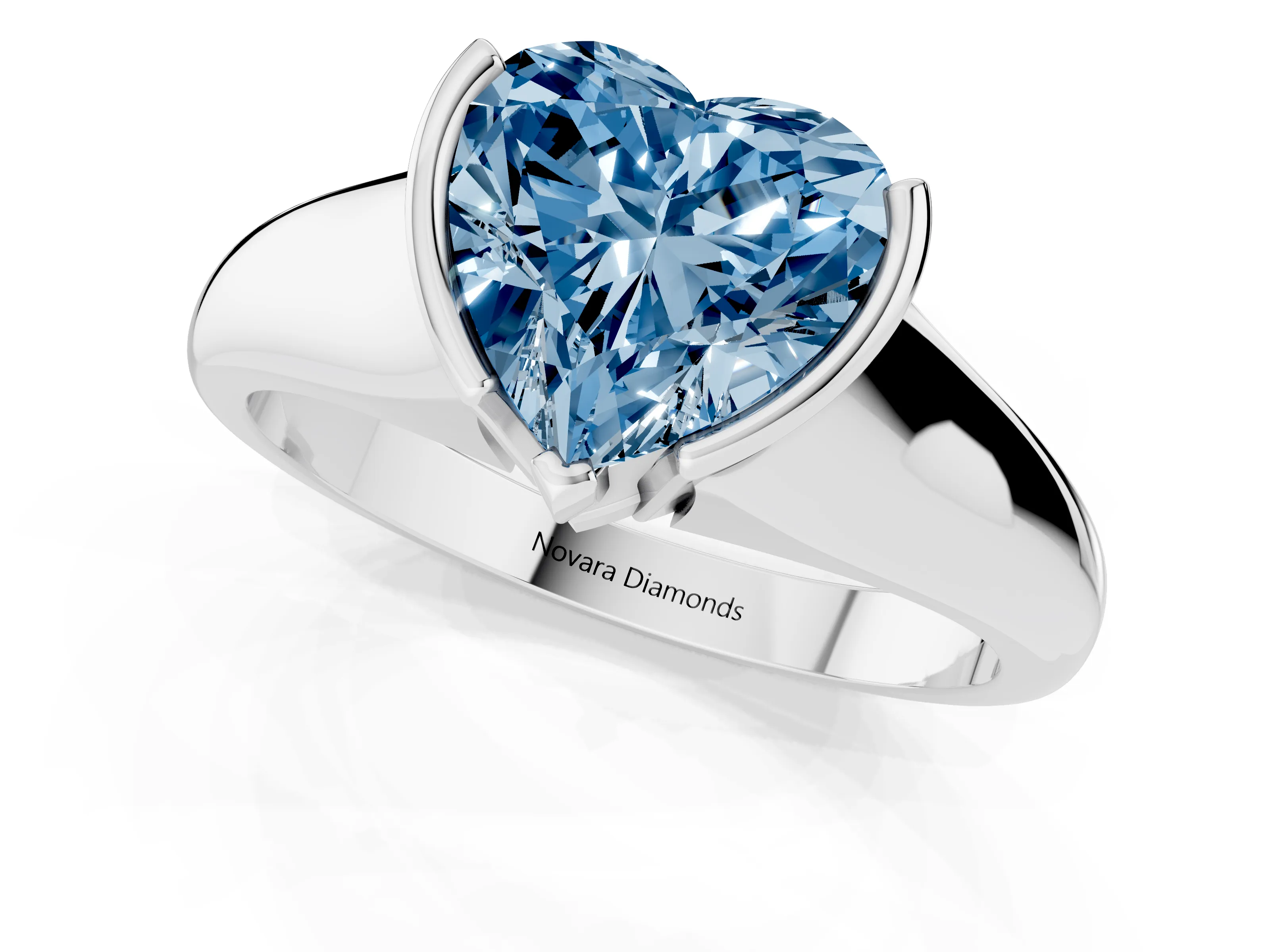 Fancy Blue Heart Cut Diamond Solitaire Tension Set Ring Set in Silver with Split Shank Band