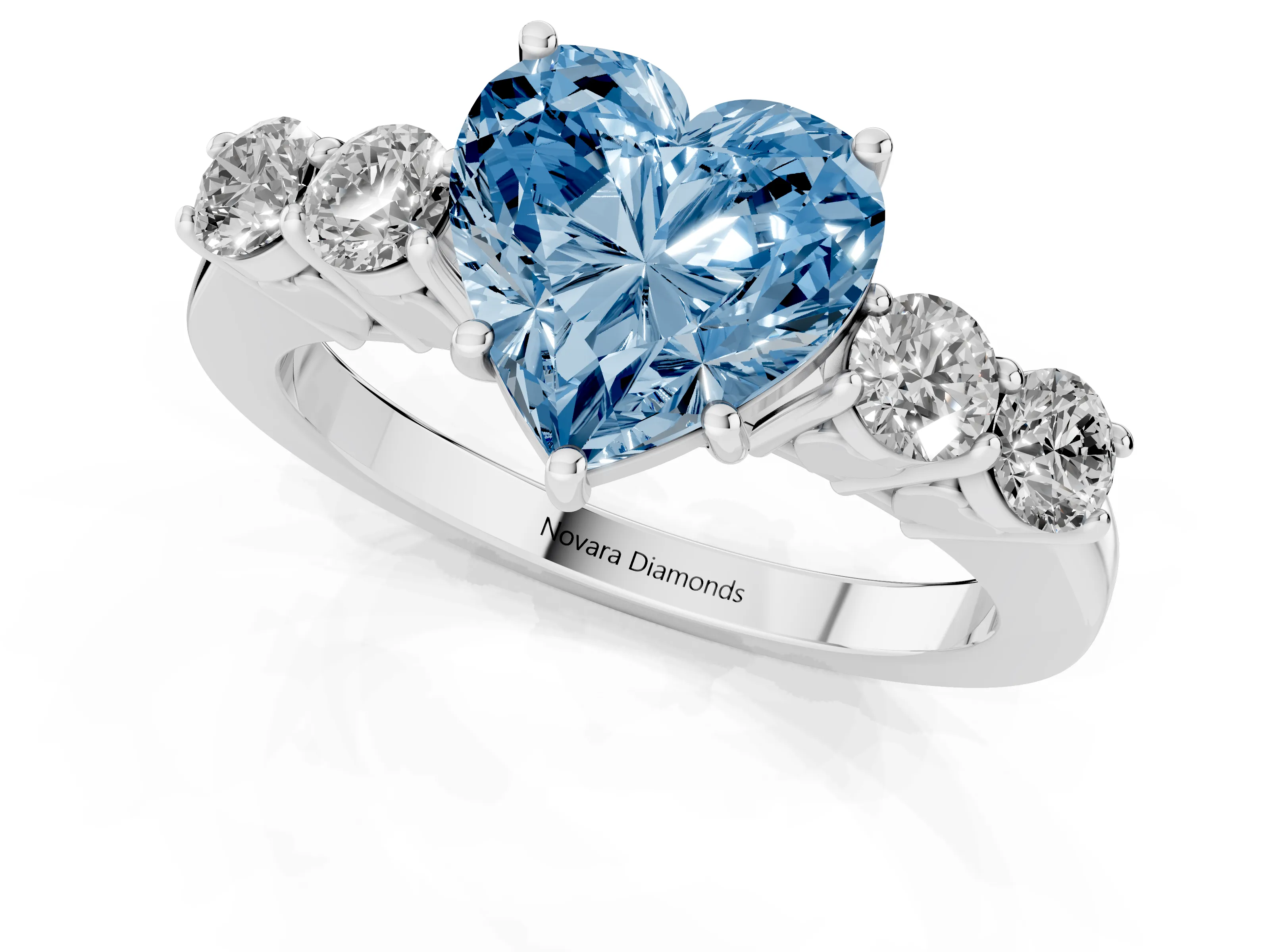 Fancy Blue Heart Cut Diamond Five-Stone Prong Set Band Ring Set in Silver with Polished Band