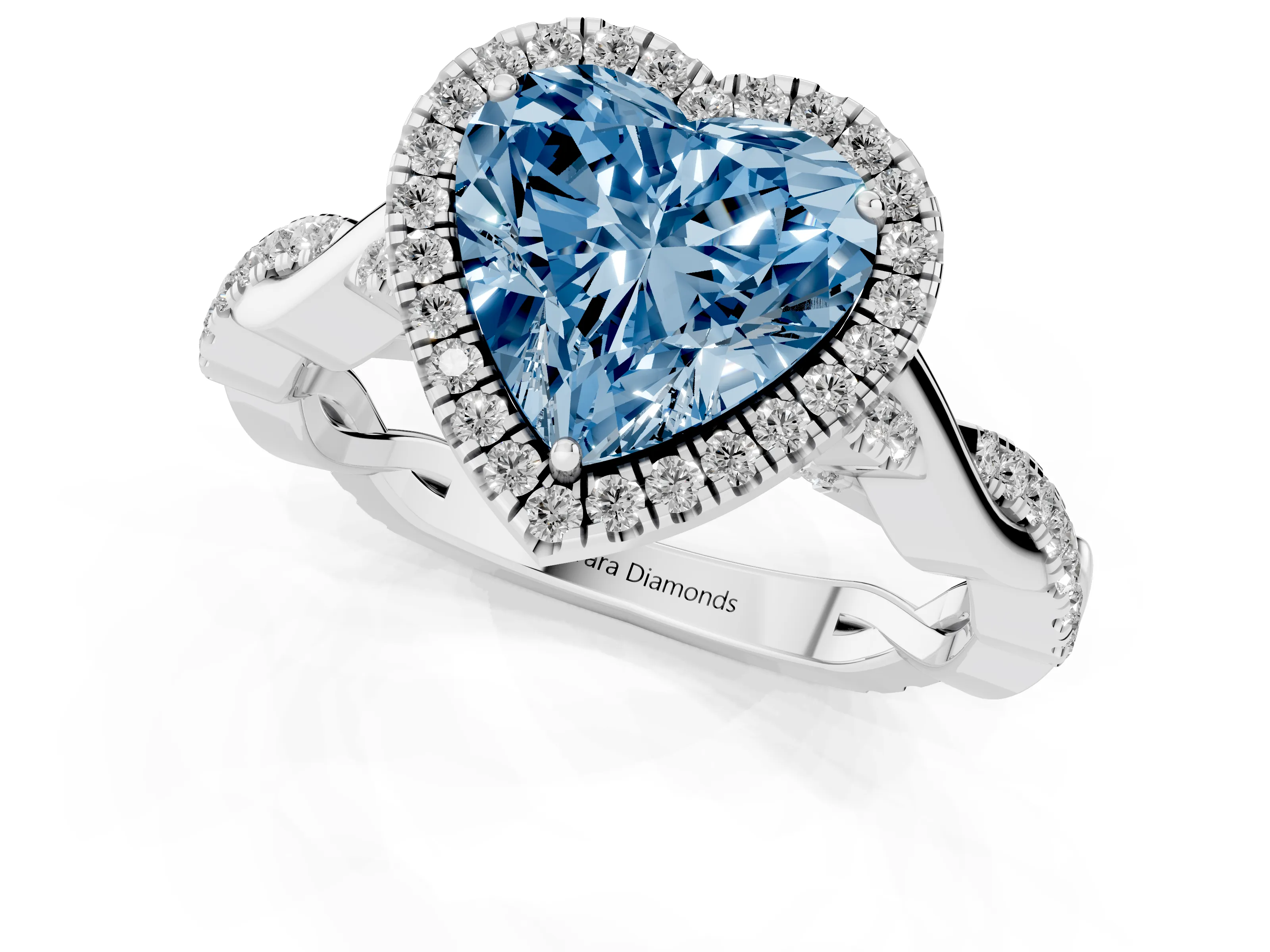Fancy Blue Heart Cut Diamond Halo Twist Band Solitaire Ring Set in Platinum with Prong Setting