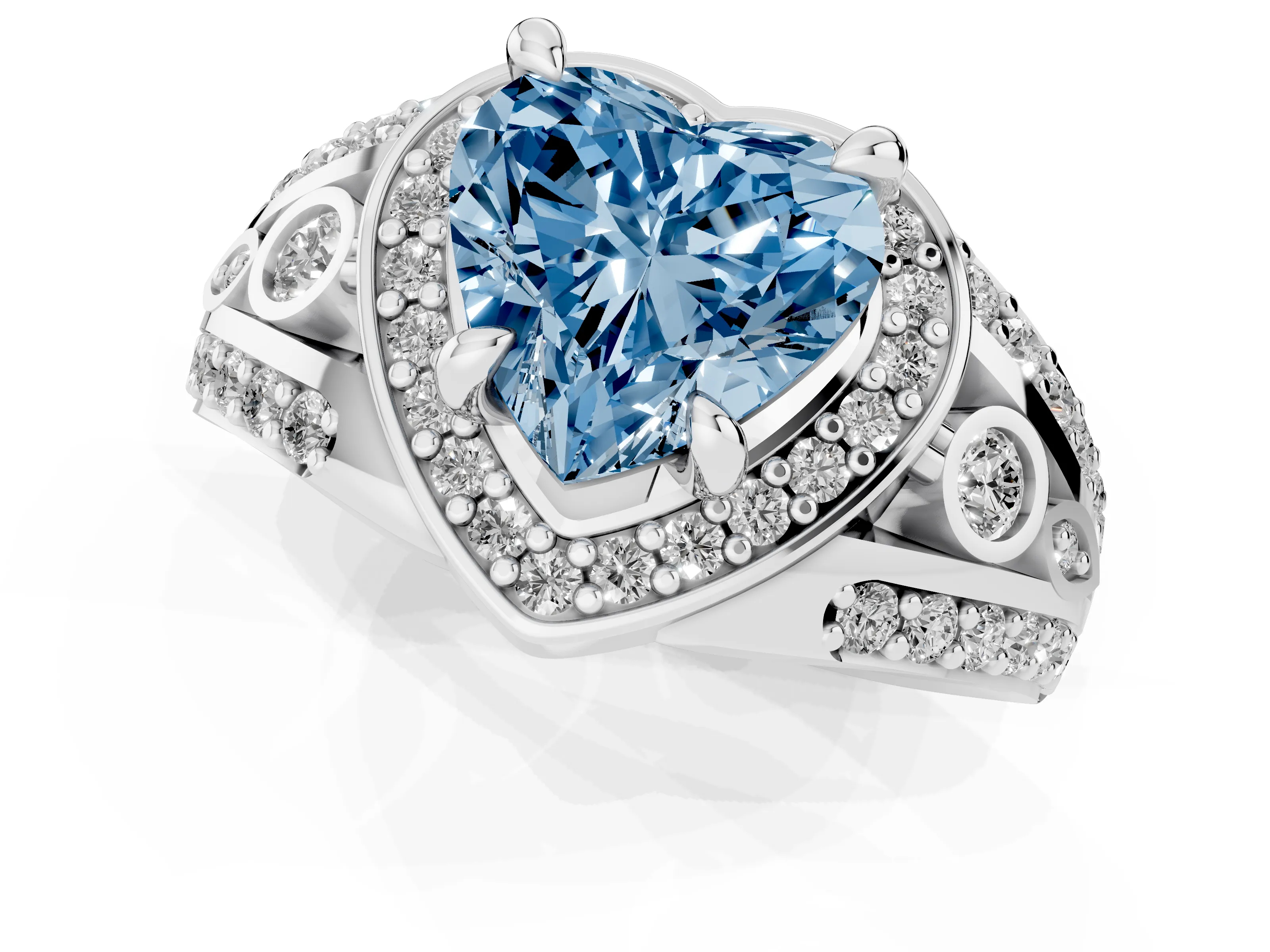 Fancy Blue Heart Cut Diamond Halo Ring Set in Silver with Pavé Split Shank and Bezel Accents