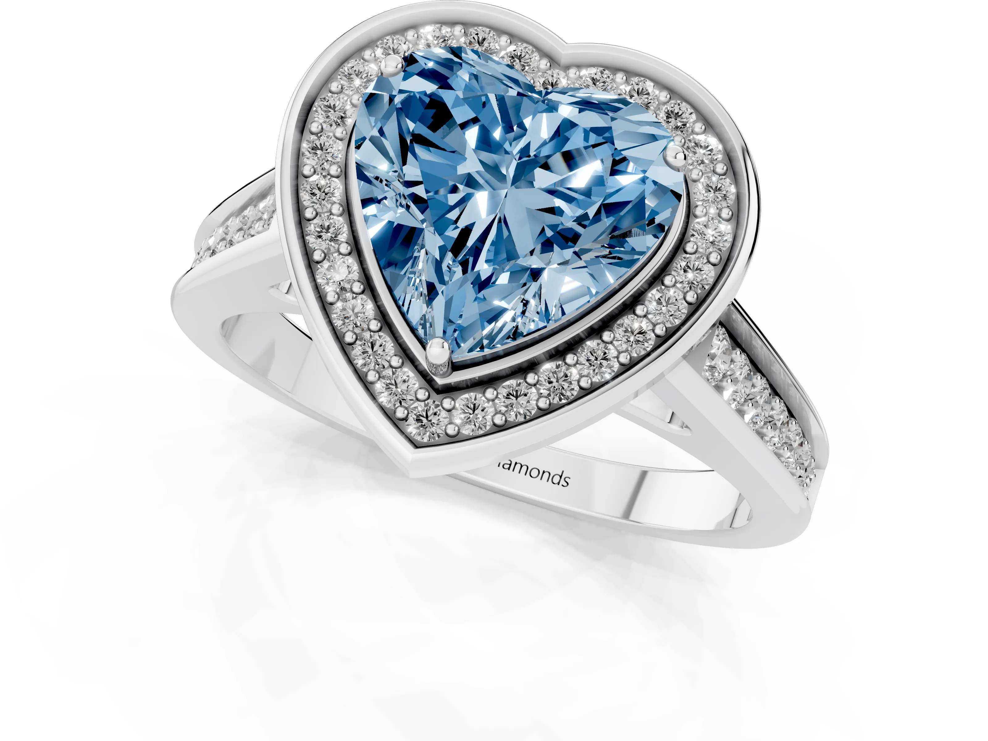 Fancy Blue Heart Cut Diamond Halo Solitaire Ring Set in Platinum with Pavé Band and Bezel Setting