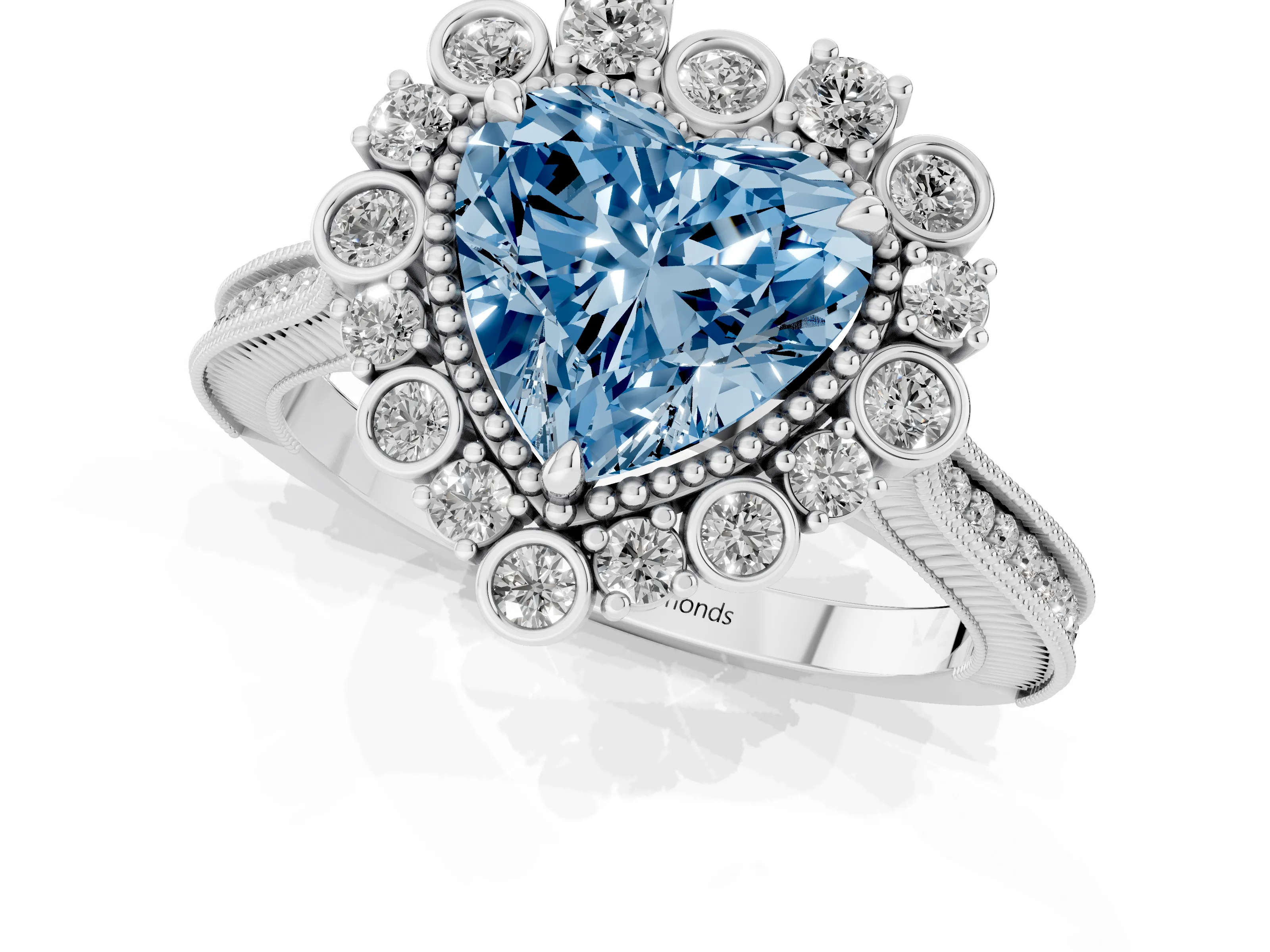Fancy Blue Heart Cut Diamond Halo Milgrain Pavé Ring Set in White gold with Prong Setting