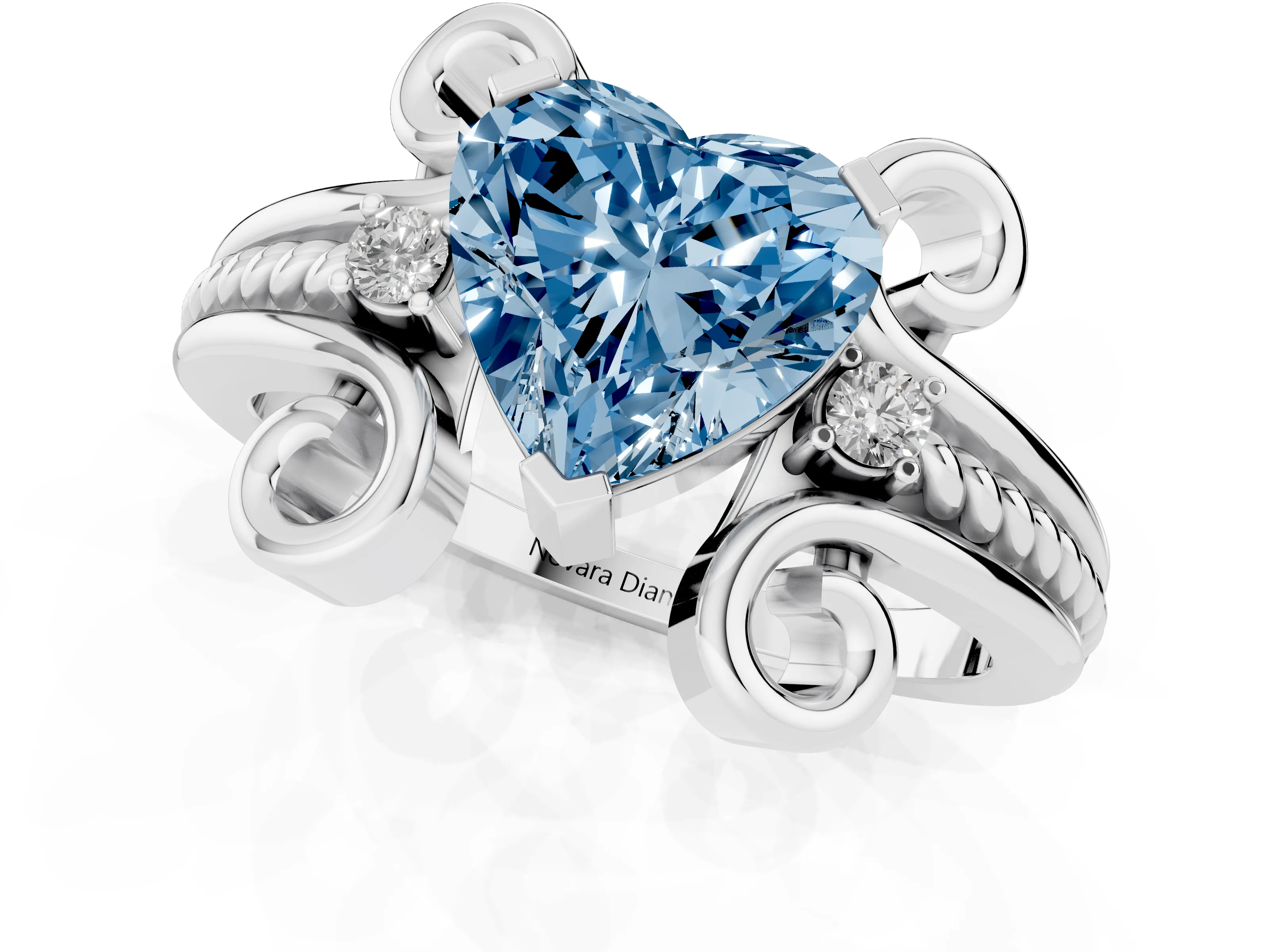 Fancy Blue Heart Cut Diamond Twisted Band Solitaire Ring Set in Platinum with Scroll Prongs