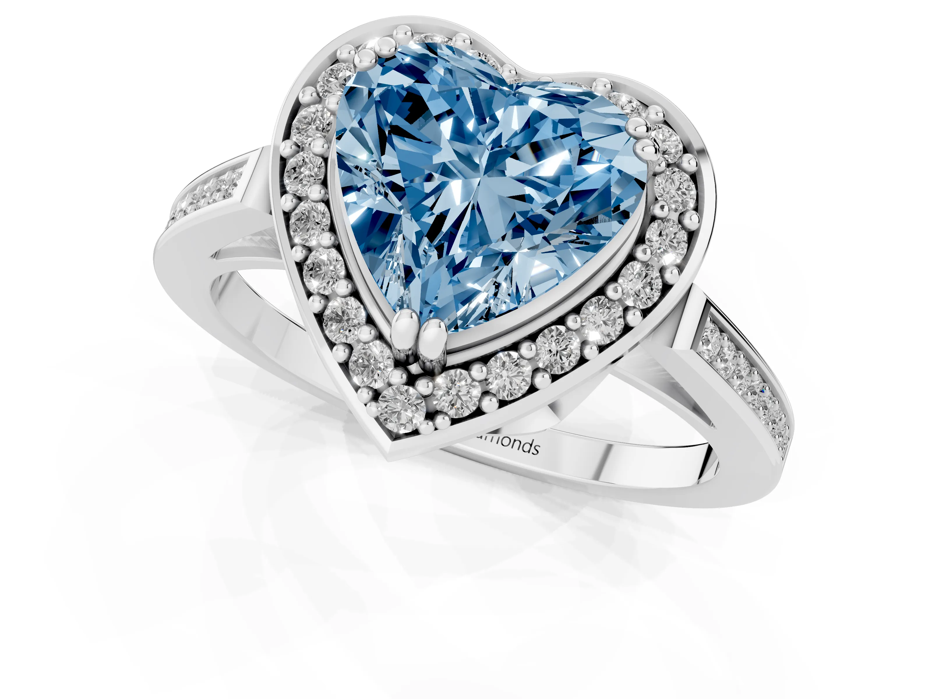 Fancy Blue Heart Cut Diamond Halo Ring Set in Platinum with Accent-Lined Split Shank and Prong Setting