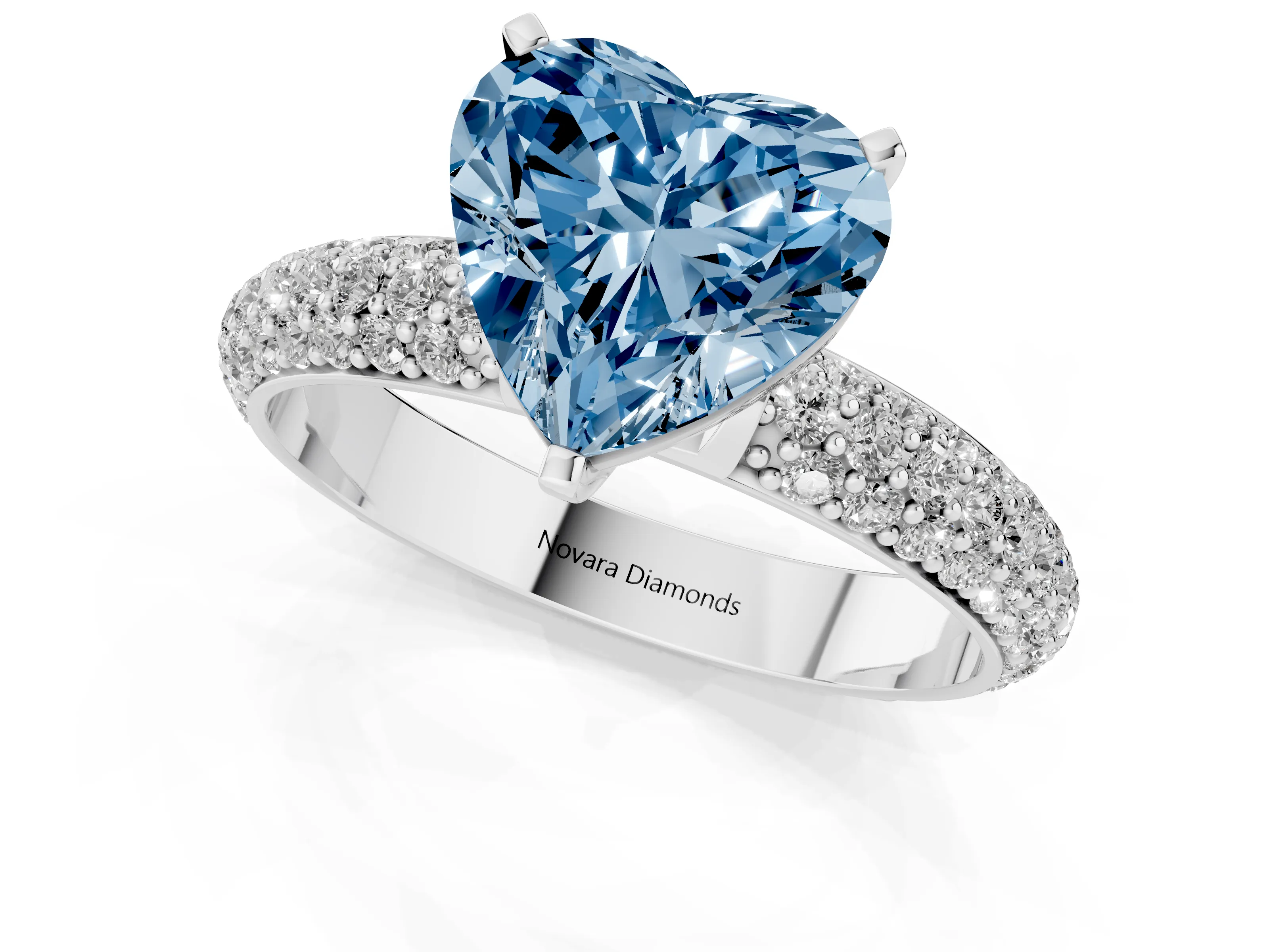 Fancy Blue Heart Cut Diamond Solitaire Ring Set in Silver with Prong Setting and Pavé-Set Band